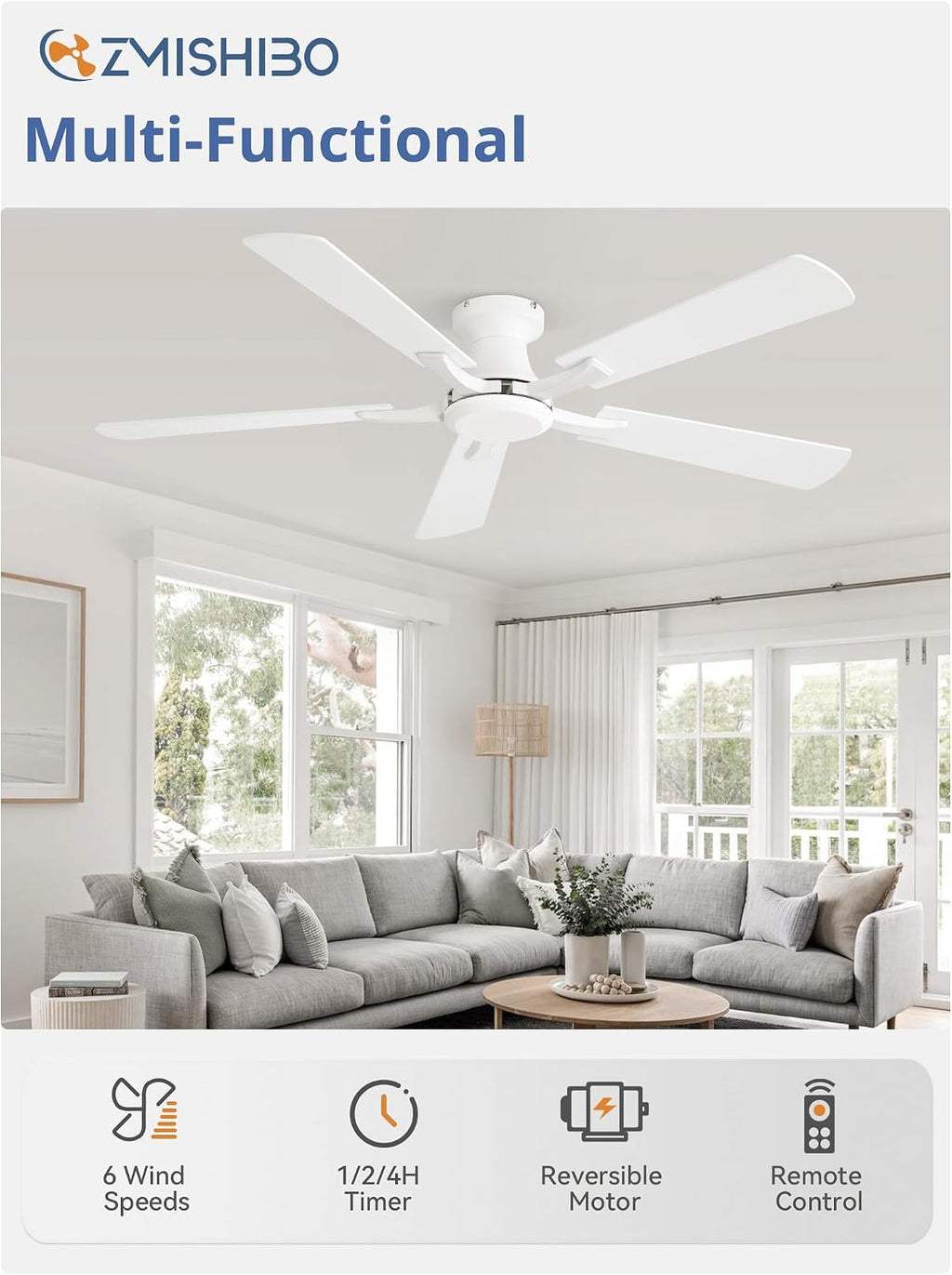 ZMISHIBO 52 Inch Ceiling Fan No Light, Flush Mount Low Profile, Modern White Ceiling Fan Without Light, Remote Control & Quiet DC Motor, for Indoor&Outdoor, Bedroom, Living Room