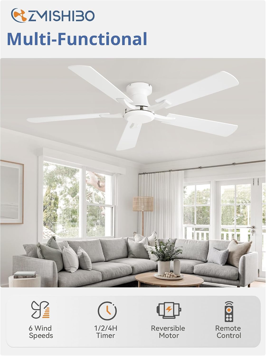 ZMISHIBO 52 Inch Ceiling Fan No Light, Flush Mount Low Profile, Modern White Ceiling Fan Without Light, Remote Control & Quiet DC Motor, for Indoor&Outdoor, Bedroom, Living Room