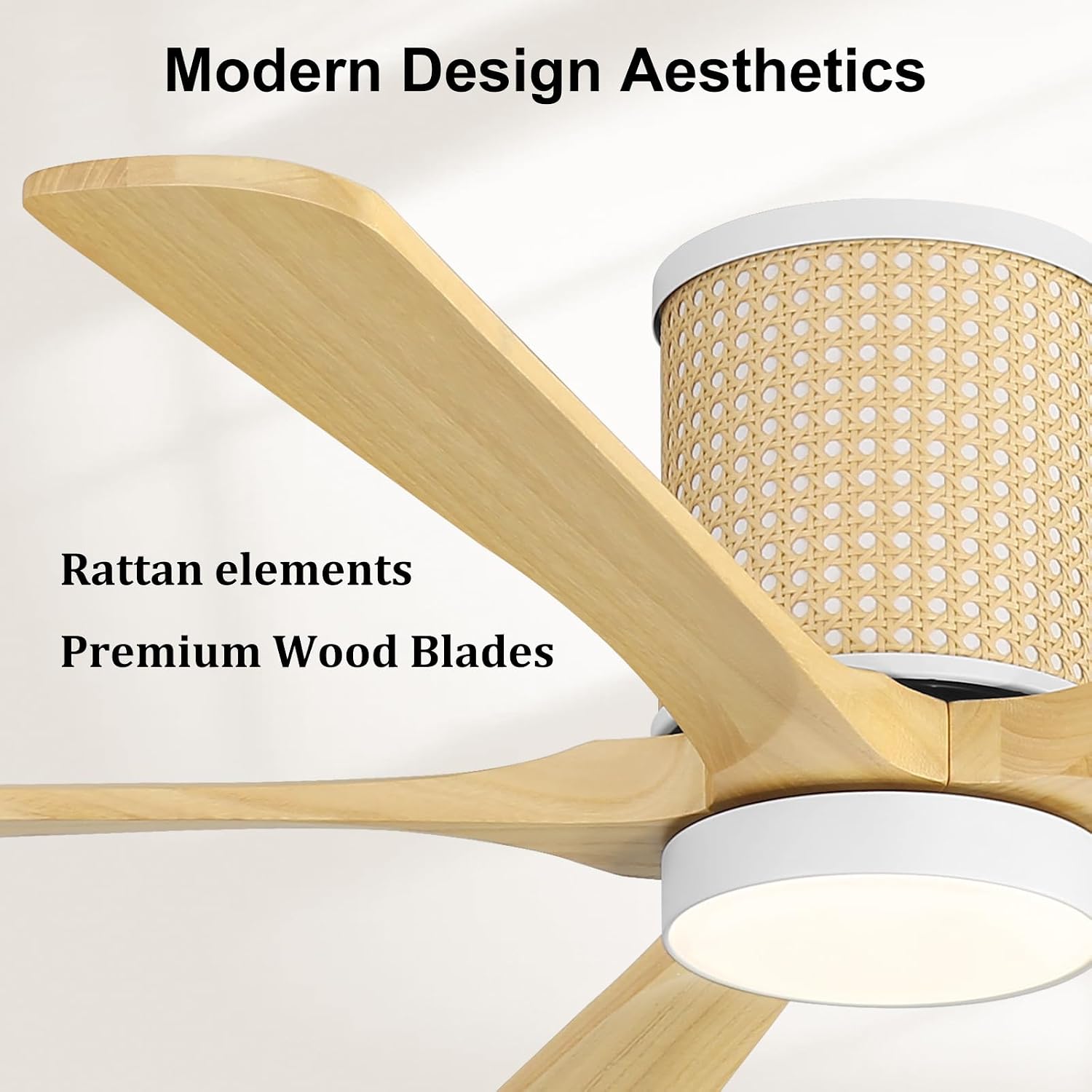 WINGBO Ceiling Fan with Lights - 54 inch Solid Wood Flush Mount Ceiling Fan with Remote,3CCT, Dimmable LED,5 Blades, 6-Speed Noiseless Powerful DC Motor, ETL Listed (White+Light Wood)