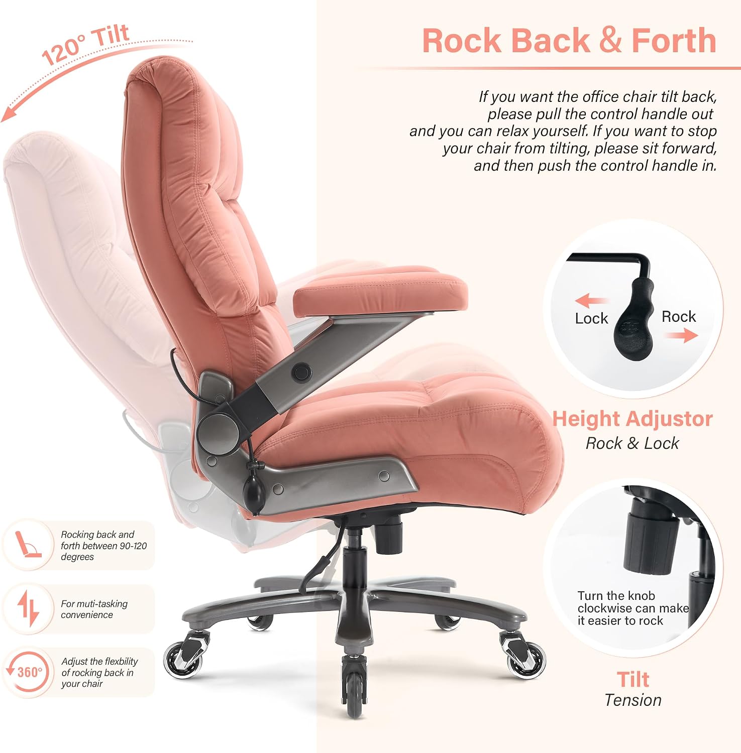 Big and Tall Office Chair 700lbs- Executive Desk Chair with Adjustable Lumbar Support 3D Flip UP Arms- Heavy Duty Quiet Wheels Metal Base Ergonomic Computer Chairs, Pink