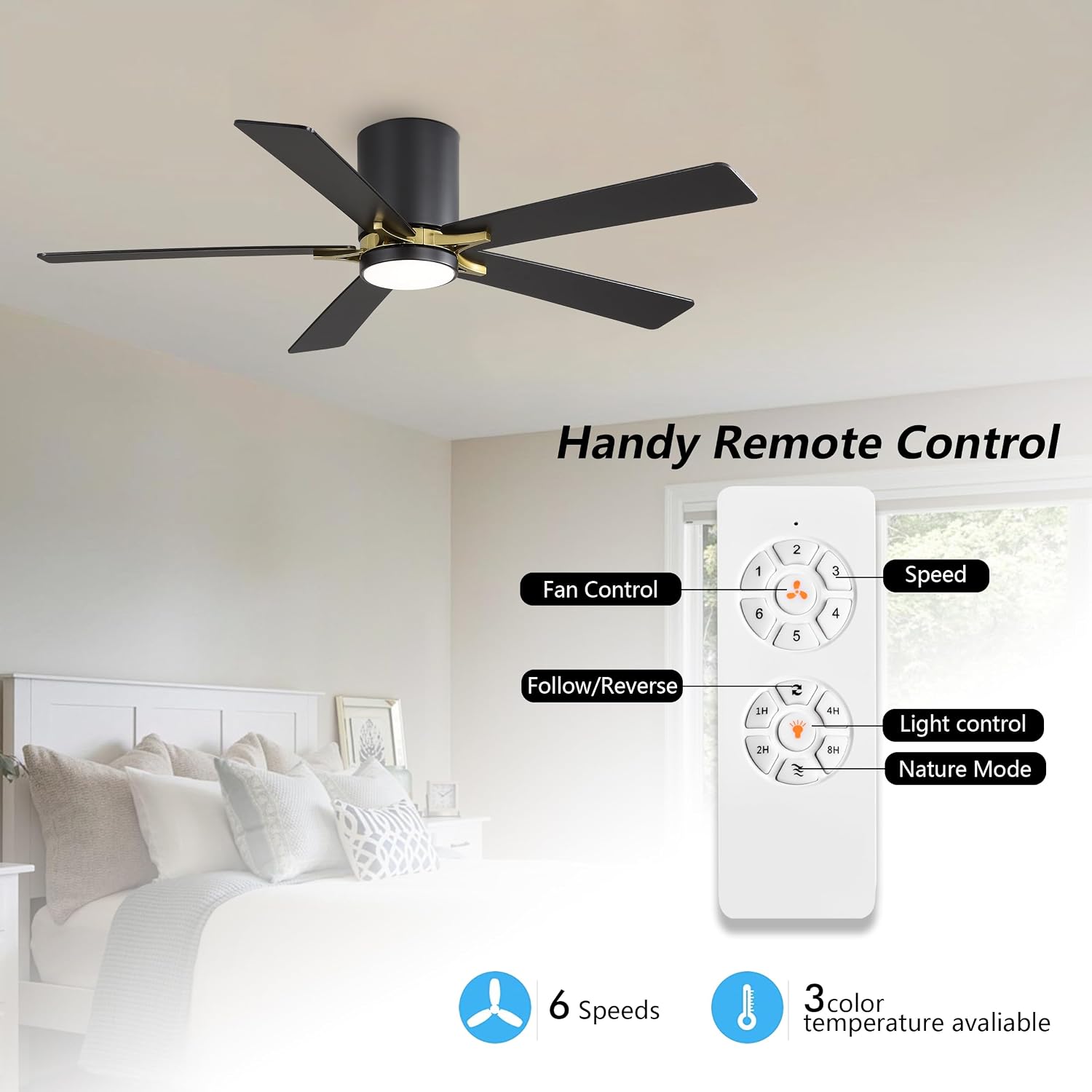 WINGBO 48' DC Flush Mount Ceiling Fan with Lights, 5 Plywood Blades, 6-Speed Reversible DC Motor, 3CCT, Low Profile Hugger Ceiling Fan for Living Room Bedroom Kitchen, Black and Brass