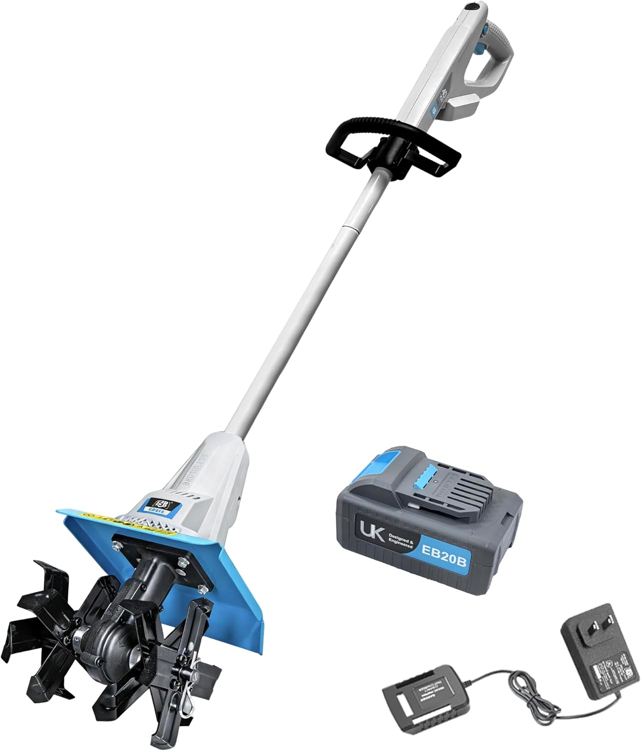 RB 40V Cordless Tiller Cultivator with Battery for Narrow Garden Areas | 8-inch tilling width & 7-inch depth. Foldable design for small gardens. For soil cultivation, raised beds, and narrow rows.