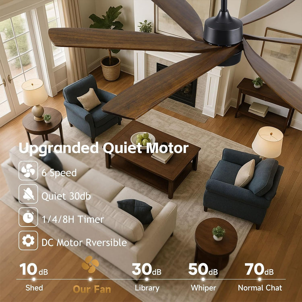 60 Inch Outdoor Ceiling Fan with Light and Remote, Damp Rated for Patio Porch, 6 Brown Solid Wood Blades, High CFM Quiet DC Motor, Modern Farmhouse Style for Indoor Living Room Bedroom Exterior Garage