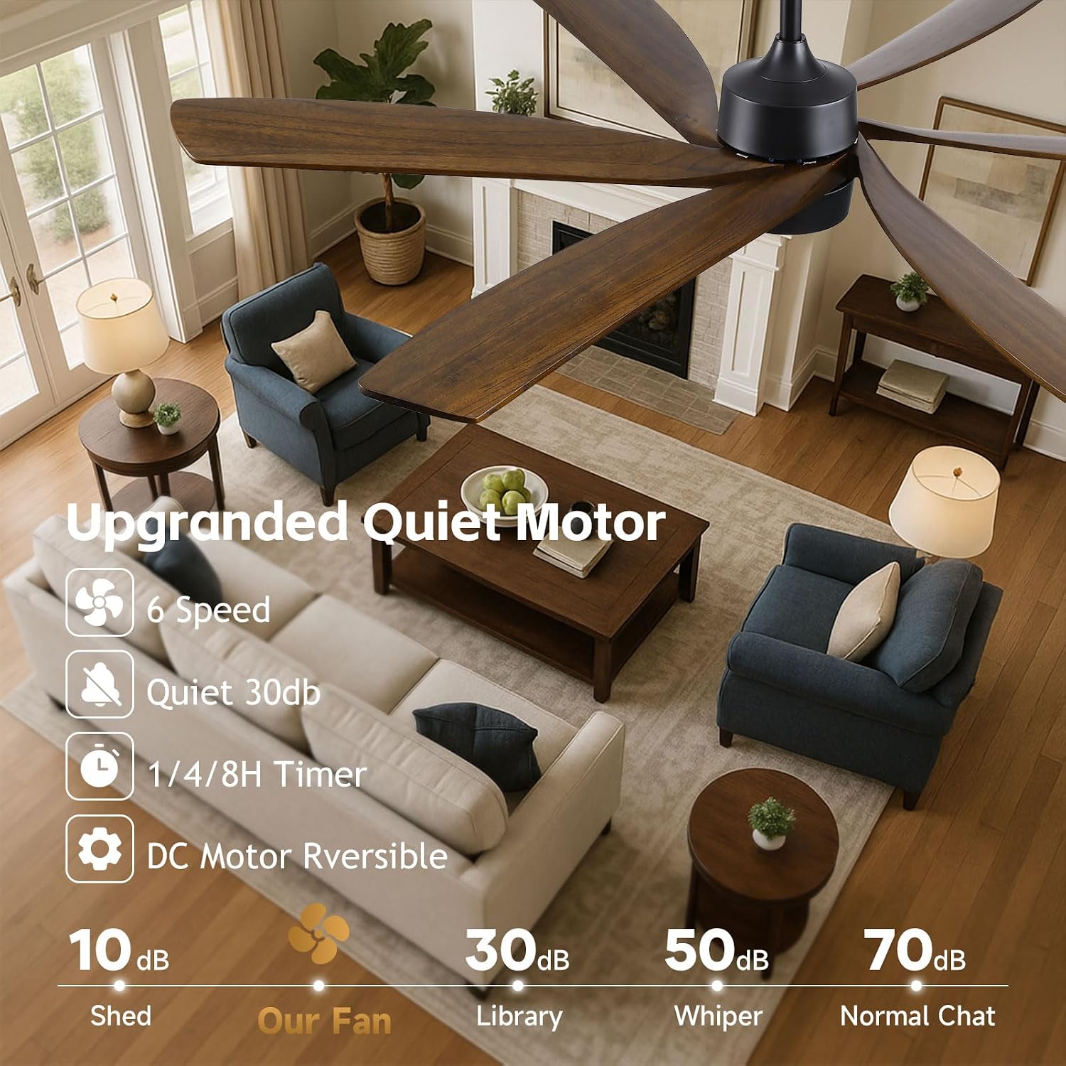 60 Inch Outdoor Ceiling Fan with Light and Remote, Damp Rated for Patio Porch, 6 Brown Solid Wood Blades, High CFM Quiet DC Motor, Modern Farmhouse Style for Indoor Living Room Bedroom Exterior Garage