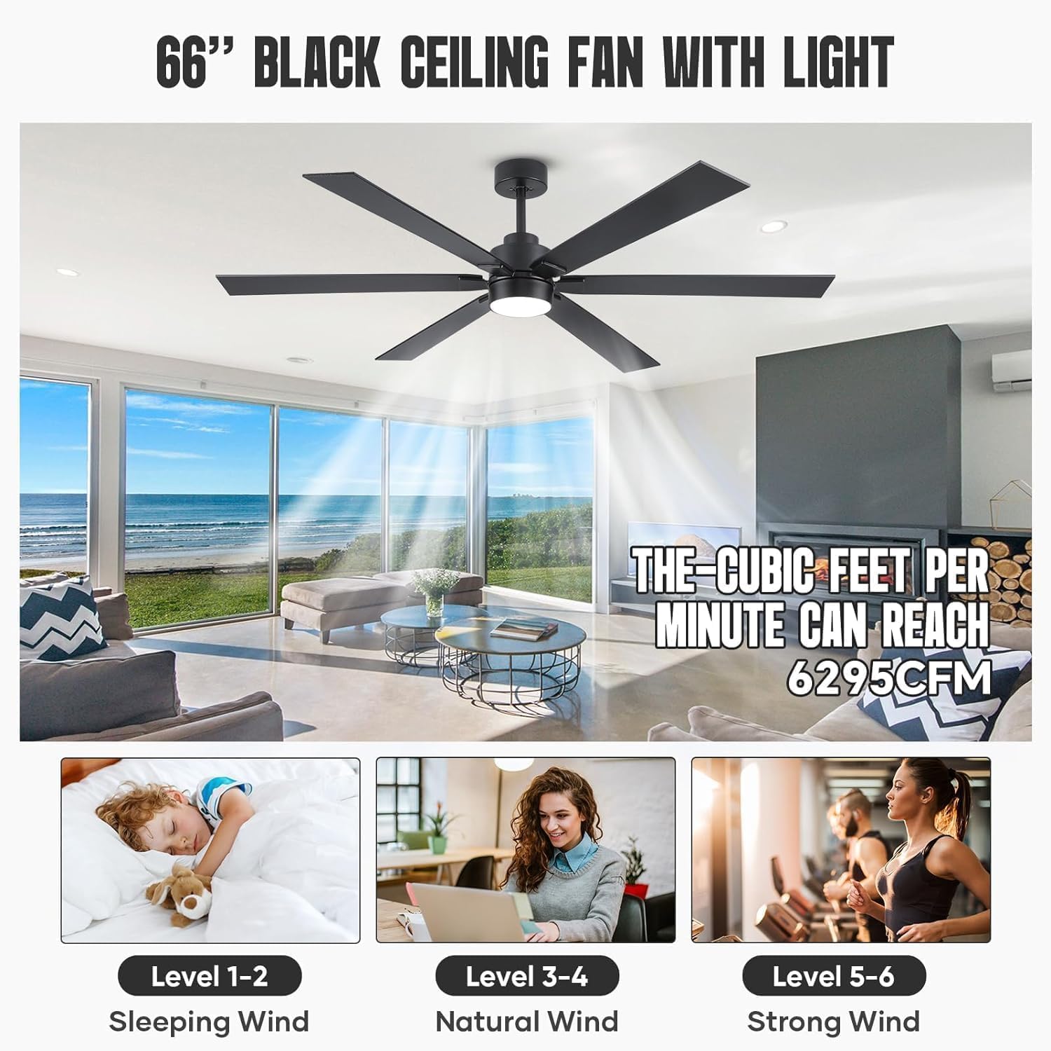 66 Inch Outdoor Ceiling Fan with Light, Large Matte Black Industrial Ceiling Fan with 6 Reversible Blades, High CFM Quiet DC Motor Exterior Fan for Porch Garage Shop Commercial