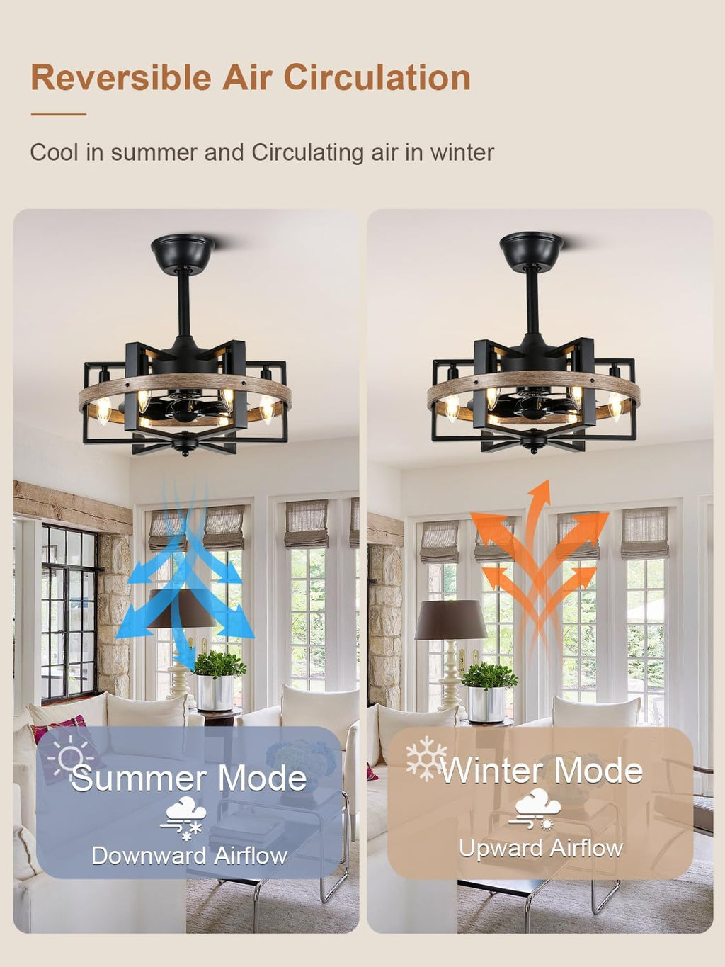 18 Inch 6-Lights Farmhouse Caged Ceiling Fan with Light, Retro Industrial Enclosed Rustic Ceiling Fans with Remote Control for Bedroom Living Room