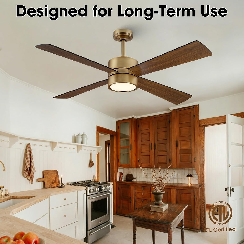 52 Inch Gold Ceiling Fan with Lights and Remote, APP Control, Quiet Reversible DC Motor, Dimmable LED Ceiling Fan, Modern Indoor Ceiling Fan for Bedroom Living Room Dining Room