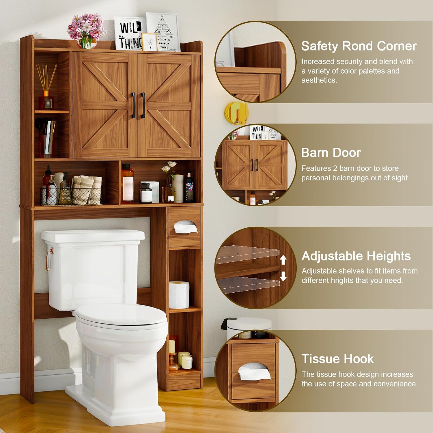 Vabches Over The Toilet Storage Cabinet, Farmhouse Storage Cabinet Over Toilet with 2 Barn Door & Toilet Paper Holder Stand，Home Space-Saving Toilet Rack, for Bathroom, Restroom, Laundry.Caramel