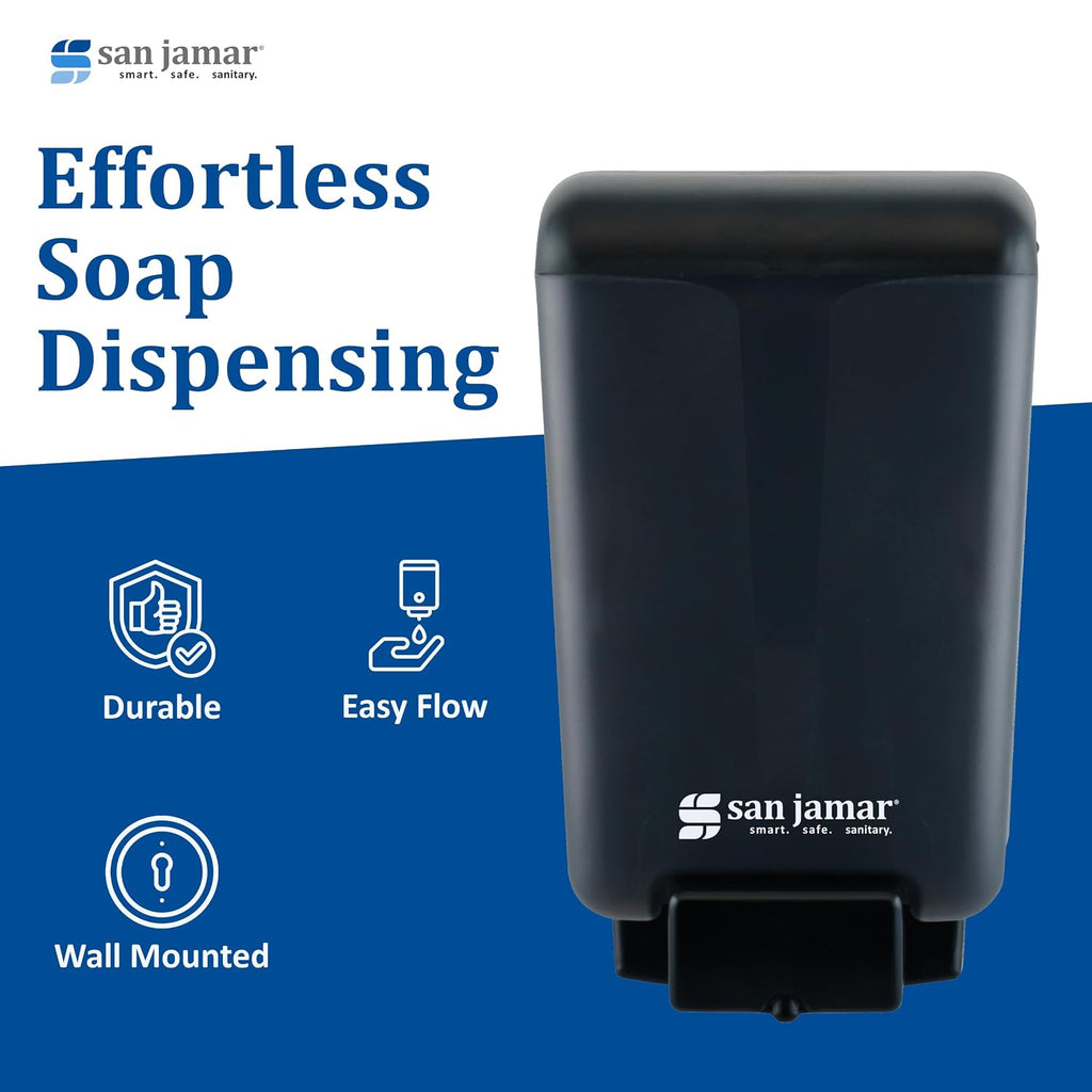 San Jamar Classic Soap Dispenser for Public Restrooms, Manual, Wall Mounted, Refillable, Plastic, 46 Ounce Capacity, Black Pearl (Pack of 6)