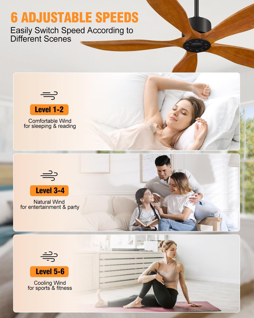 Yahada 52 Inch Ceiling Fan No Light with Remote, USA Original Patent Outdoor Ceiling Fans, 5 Wood Blades, 3 Downrods, Timer, 6 Speeds ETL DC Motor Fans for Patios Bedroom, Yellow Walnut