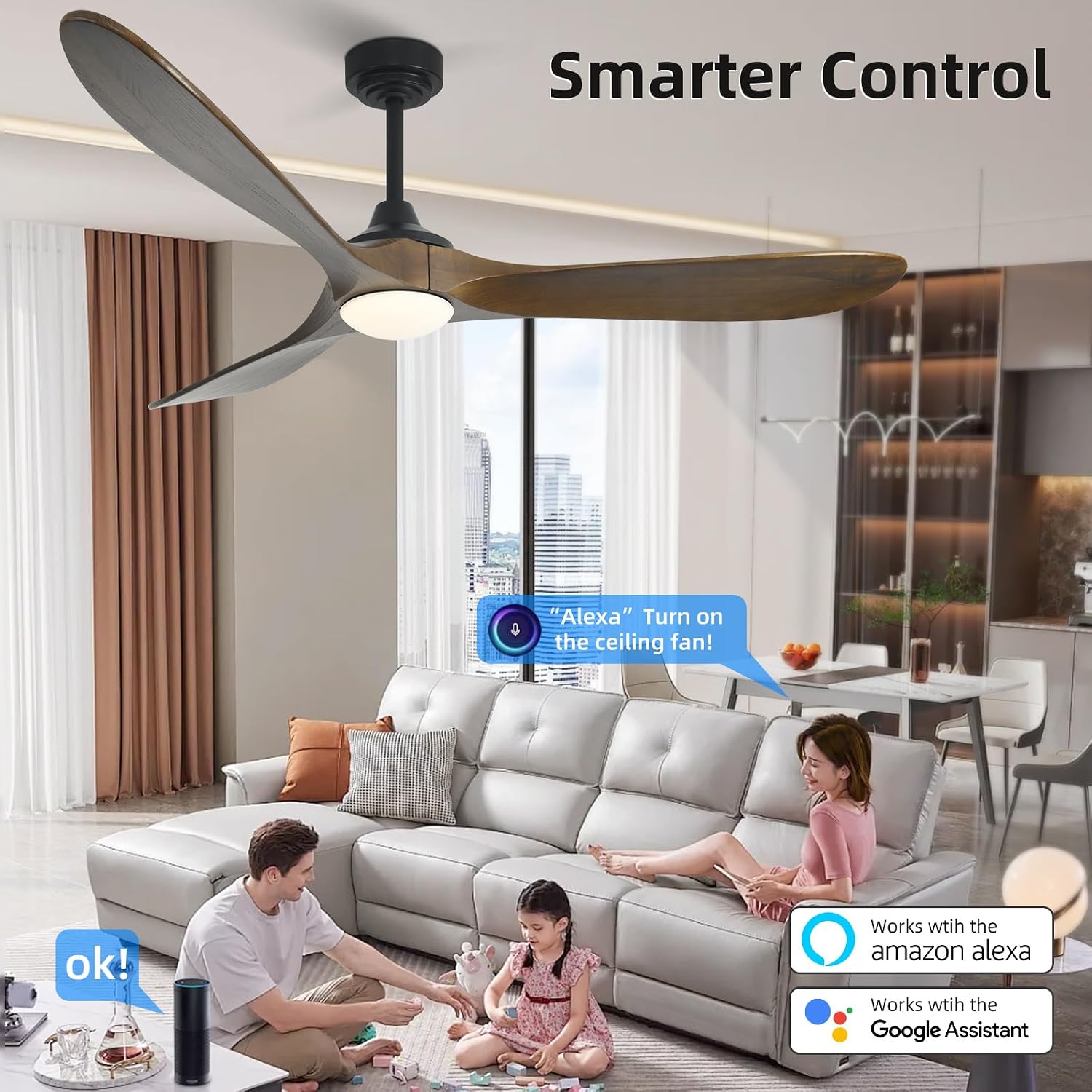 60' Outdoor Ceiling Fan with Light 3 Downrods, Smart Wood Ceiling Fan Compatible with Alexa/Google/App, 3 Blades Modern Walnut Wood Ceiling Fans for Kitchen Living Room Patio,Bronze