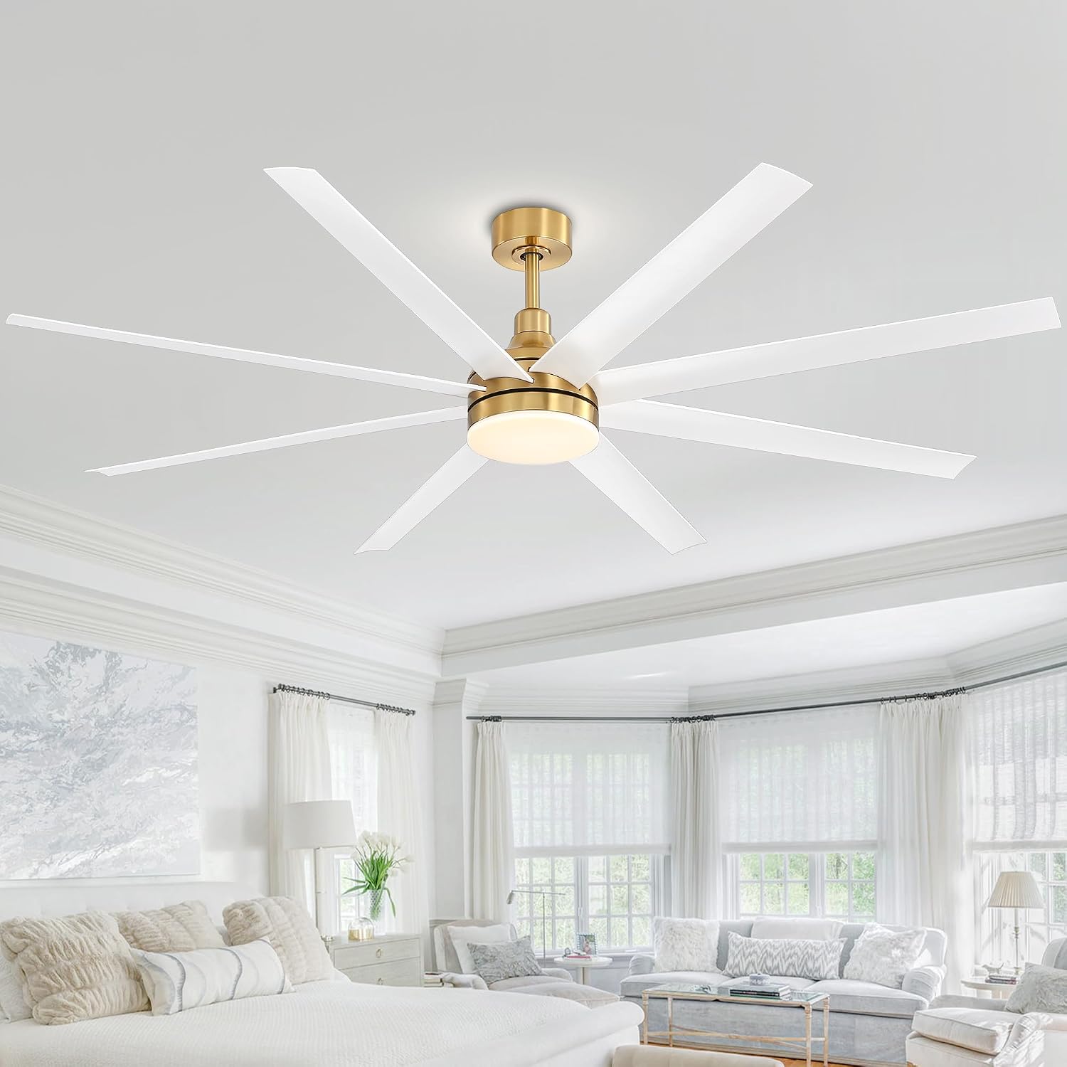 72 Inch Ceiling Fans with Lights and Remote, 8-Blade, Quiet Reversible DC Motor, 6-Speed, Timer Function, 3 Color Led Light Chandelier, Industrial Ceiling Fan for Bedroom Living Room (Gold & White)