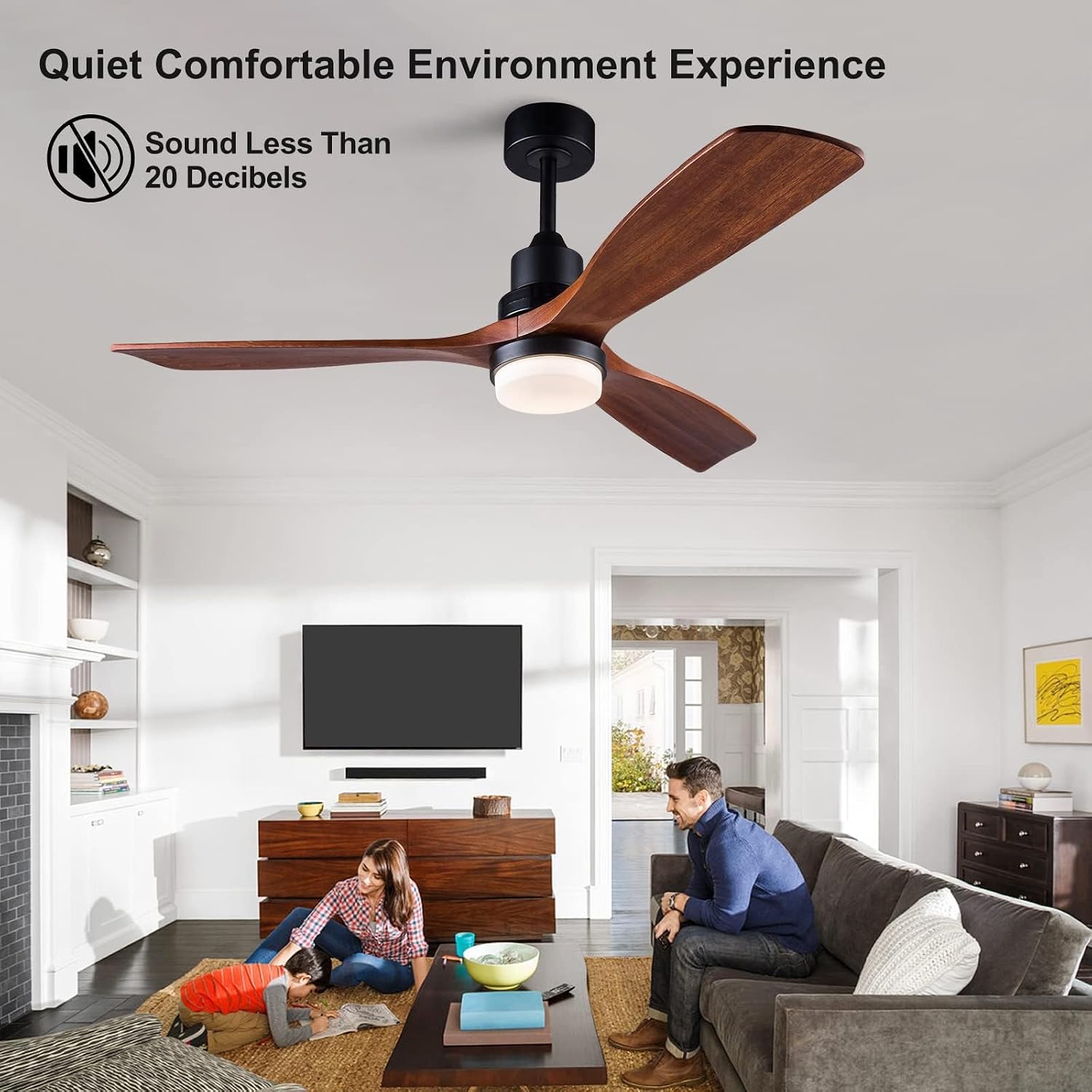 52 Inch Ceiling Fan with Lights Remote Control, 3 Blade wood ceiling fan,Quiet DC Motor Mordern Ceiling Fan, Indoor Outdoor Ceiliang Fans for Patios Bedroom Living Room