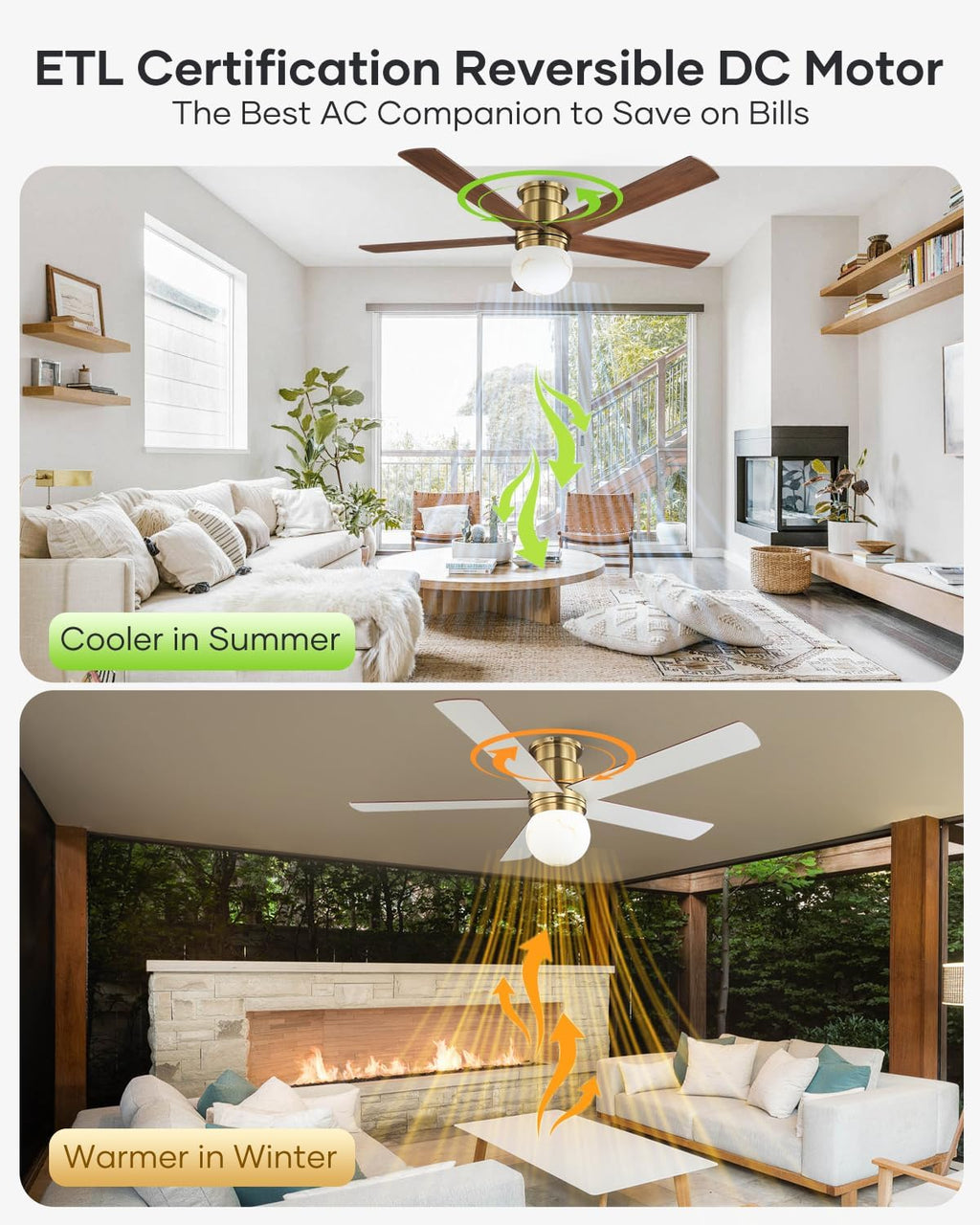 52' Low Profile Ceiling Fan with Light, Modern Flush Mount Brushed Gold Ceiling Fan Remote, Dimmable LED 3 Color Temp, Quiet Reversible DC Motor, Dual-Finish White/Walnut Blades