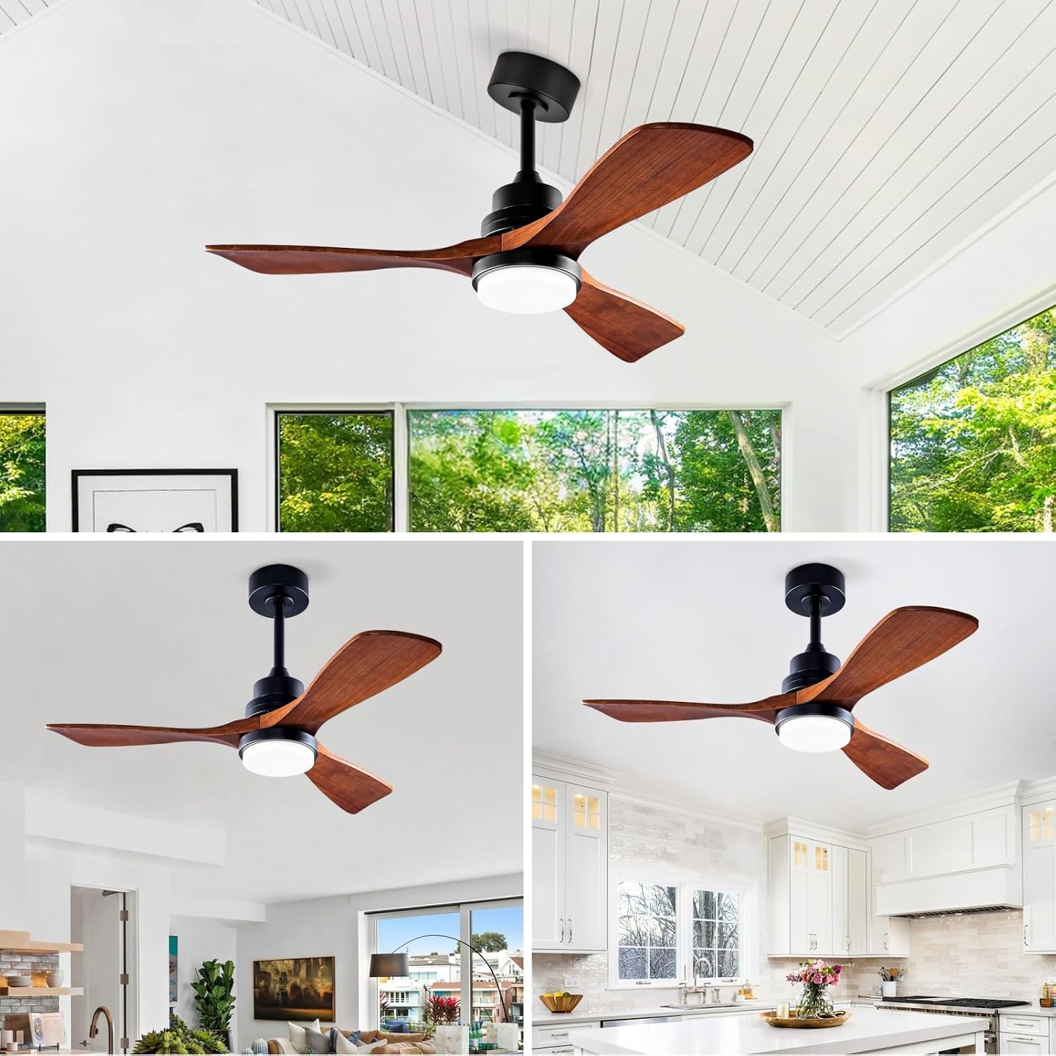 42 Inch Ceiling Fan with Lights and Remote, Outdoor Ceiling Fan for Patios 3 Blades Modern Noiseless Reversible DC Motor, Wood Fan for Farmhouse, Black