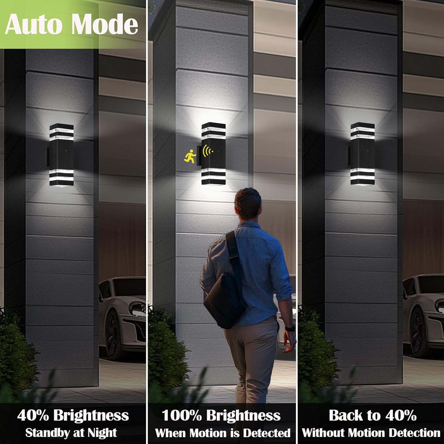 2 Pack Motion Sensor Dawn to Dusk Outdoor Light Fixture, Black Aluminum Exterior Lighting Fixtures With GU10 LED Bulbs, Up and Down Lights Outdoor Sconce Lights for Garage Porch Garden, ETL Listed