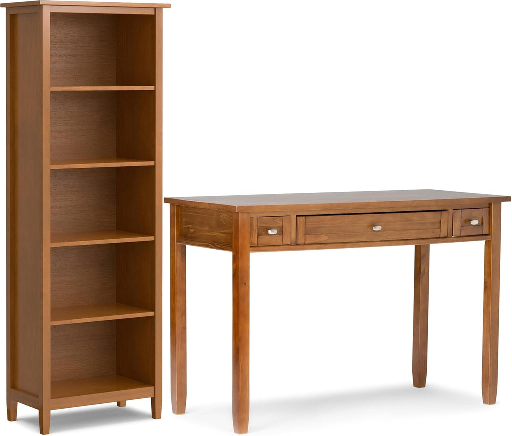 SIMPLIHOME Warm Shaker Desk and Bookcase Bundle - 48 inch Wide Solid Wood Transitional Desk with Drawers and 26 inch Wide 5-Shelf Bookcase in Light Golden Brown, Home Office Furniture (Set of 2)