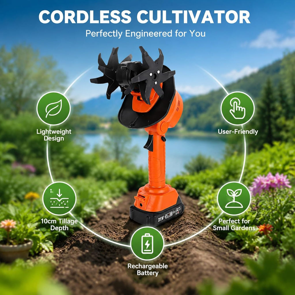 Cordless Mini Tiller Cultivator 4in Working Width with 2 X 1.5Ah Batteries, Electric Gardening Tool - Fast 235RPM, Lightweight Ergonomic Design for Lawns and Greenhouses
