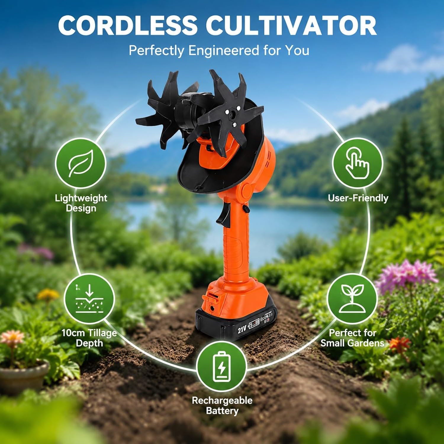 Cordless Mini Tiller Cultivator 4in Working Width with 2 X 1.5Ah Batteries, Electric Gardening Tool - Fast 235RPM, Lightweight Ergonomic Design for Lawns and Greenhouses