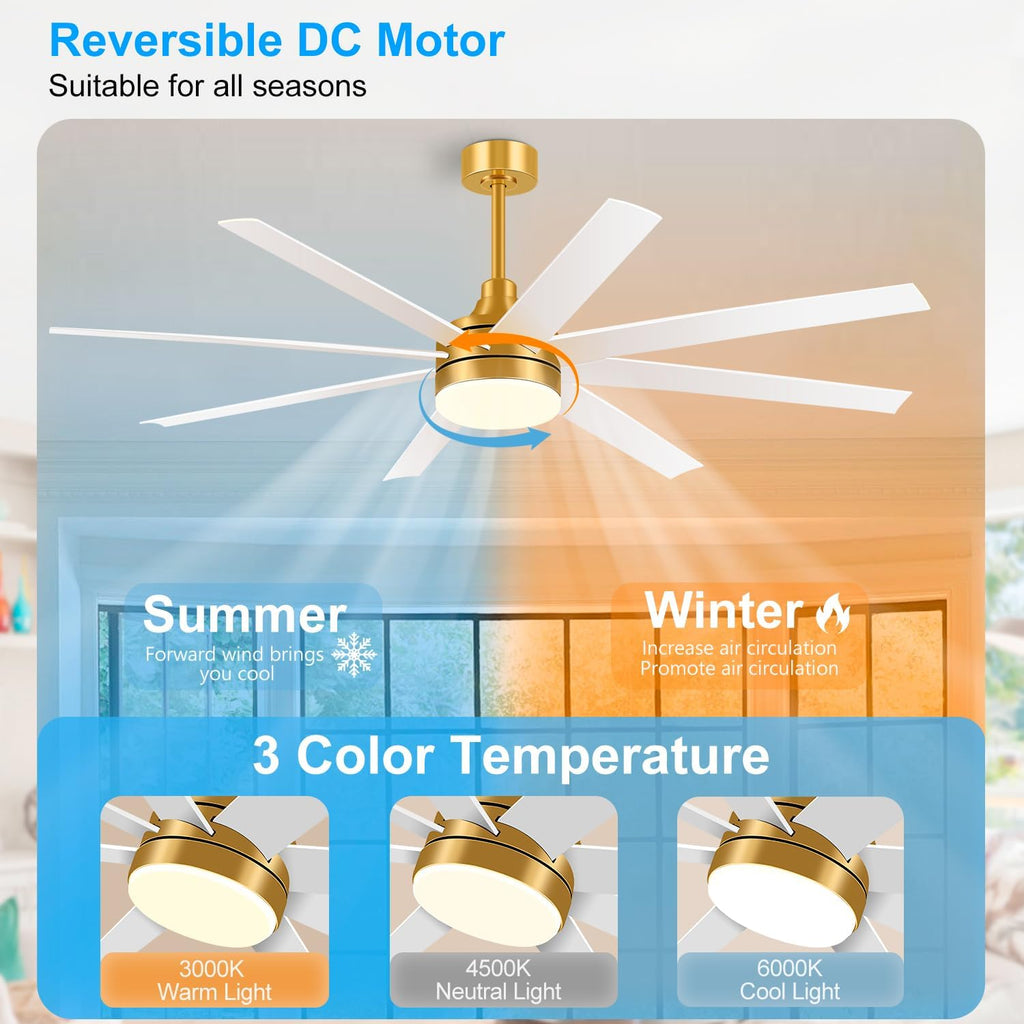 65 Inch Ceiling Fan with Lights and Remote, 8 ABS Blades, Quiet Reversible DC Motor, 6-Speed, Timer Function, 3 Color Led Light Chandelier, Industrial Ceiling Fans for Bedroom Office (Gold & White)