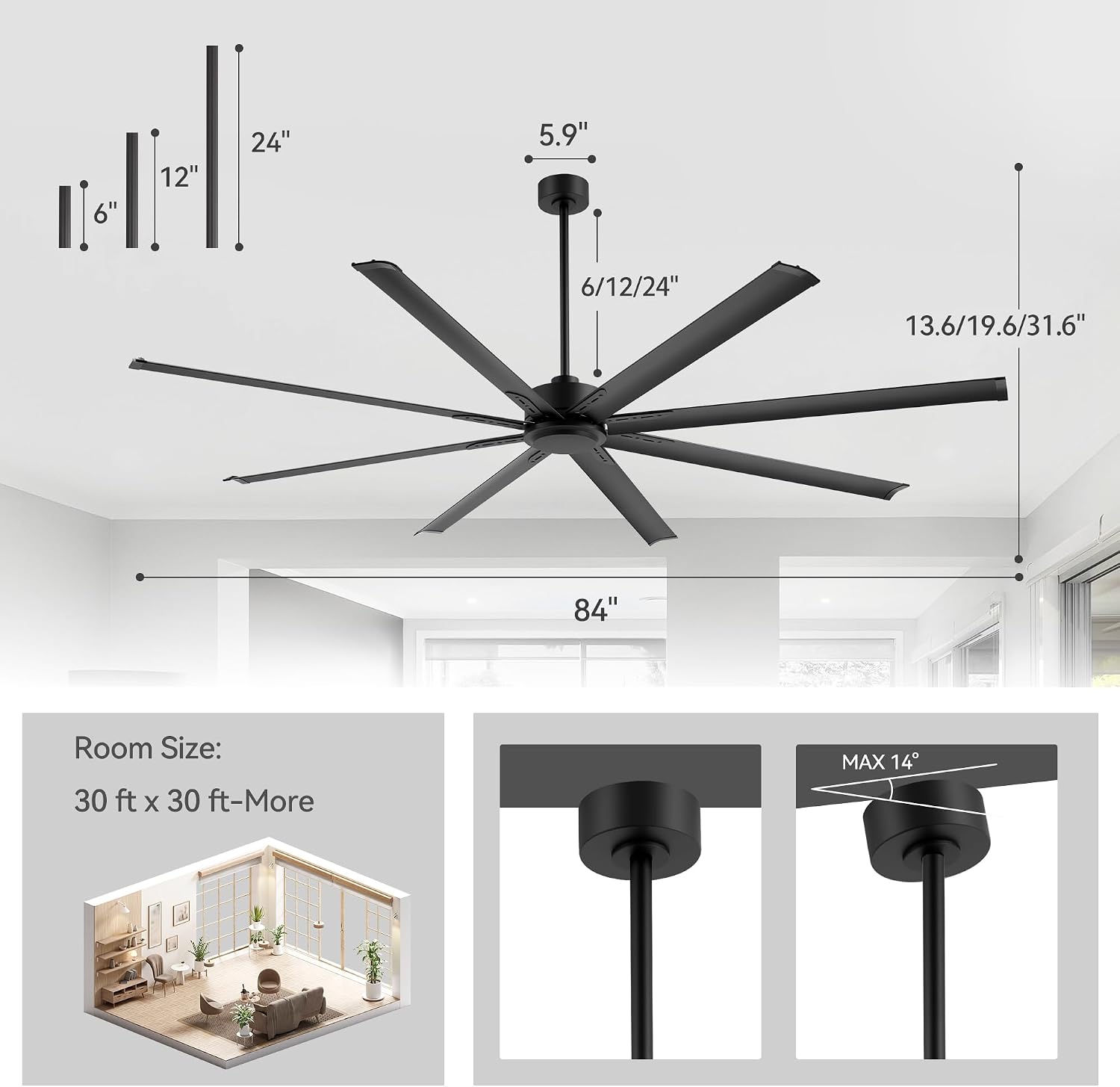 84' Industrial Large Ceiling Fan No Light Remote Control, 8 Aluminum Blades, 6-Speed Reversible DC Motor, 3 Downrods, Commercial Ceiling Fans Without Light for Warehouse Porch Garage Shop Gym, Black