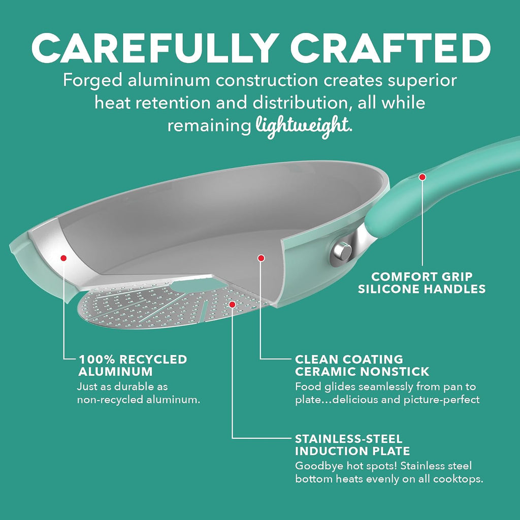 Dash Dream Green Recycled Aluminum Cookware Set - Ceramic Cookware Set - CleanCoating™ Nonstick Coating - Induction Compatible and Oven Safe - Pink, 15-Piece Set