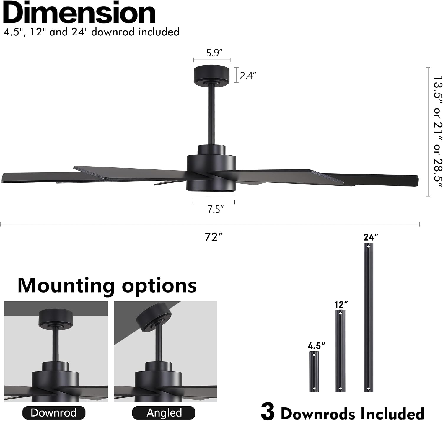 WINGBO 72' Large DC Ceiling Fans without Lights, 3 Downrods, 8 Plywood Blades, 6-Speeds Reversible DC Motor, Indoor Ceiling Fan No Lights for Bedroom Living Room Patio, Black