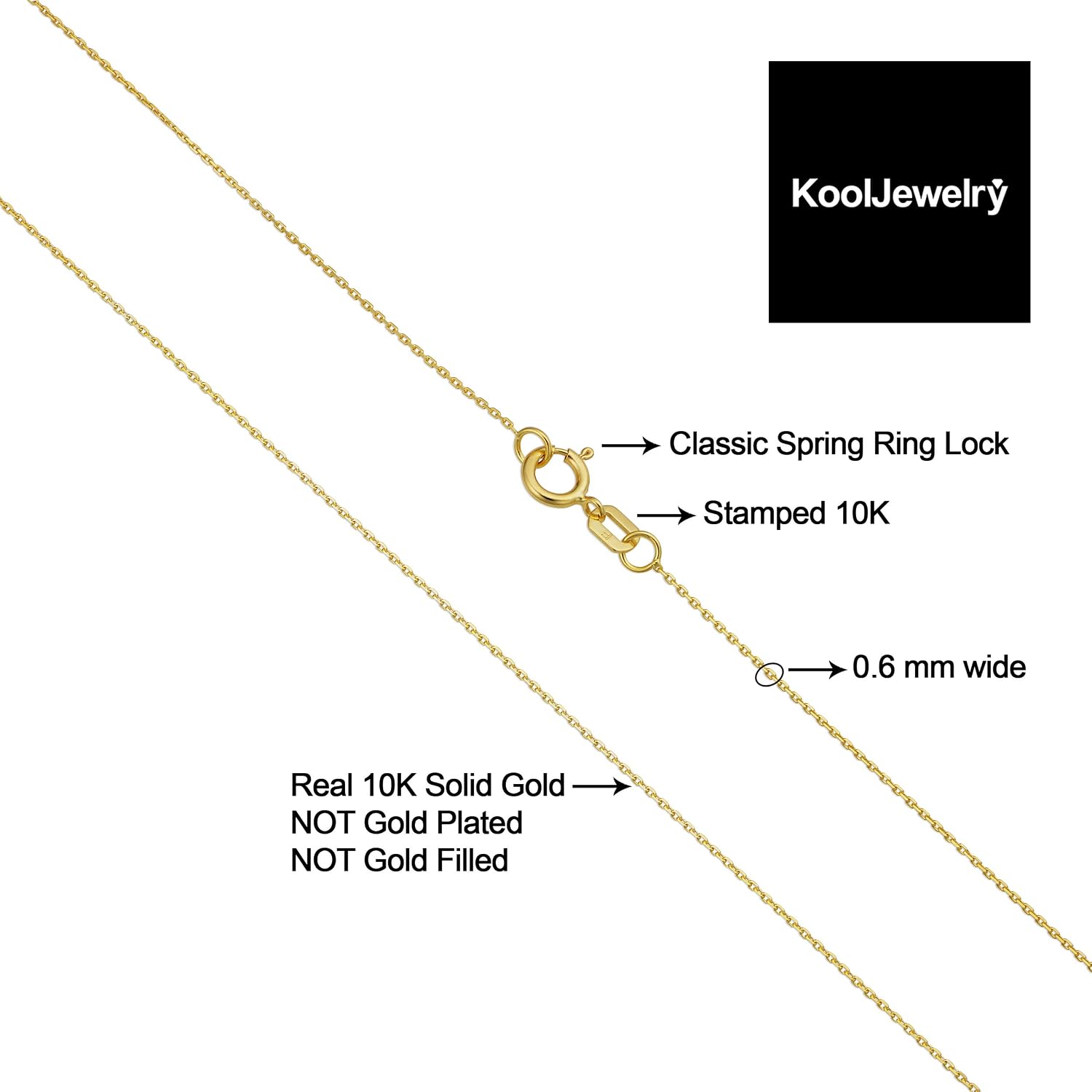 Kooljewelry 10k Yellow Gold 0.6 mm Diamond-cut Cable Chain Necklace (16, 18, 20 or 24 inch)