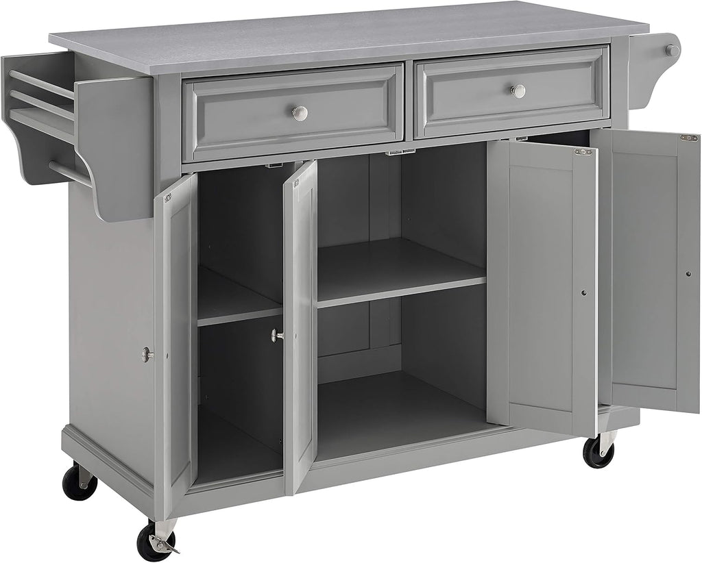 Crosley Furniture Full Size Stainless Steel Rolling Kitchen Island Storage Cart, Microwave Stand, Spice Rack, Gray