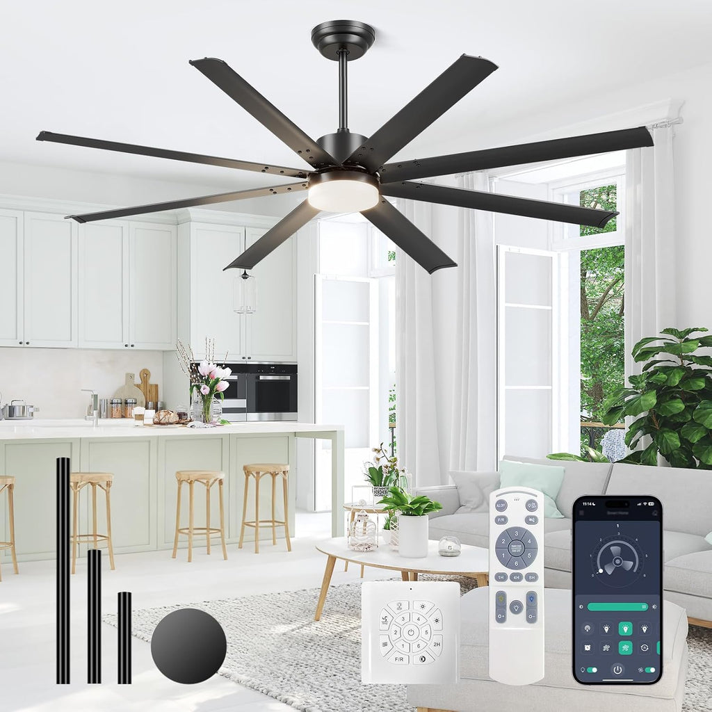 Carrefour 72 Inch Ceiling Fan with Lights, Industrial HVLS Large Ceiling Fans, 8 Aluminum Blades, Quiet DC Motor, APP/Remote/Wall Control, 3 Downrods Included, Damp Rated for Garage Living Room