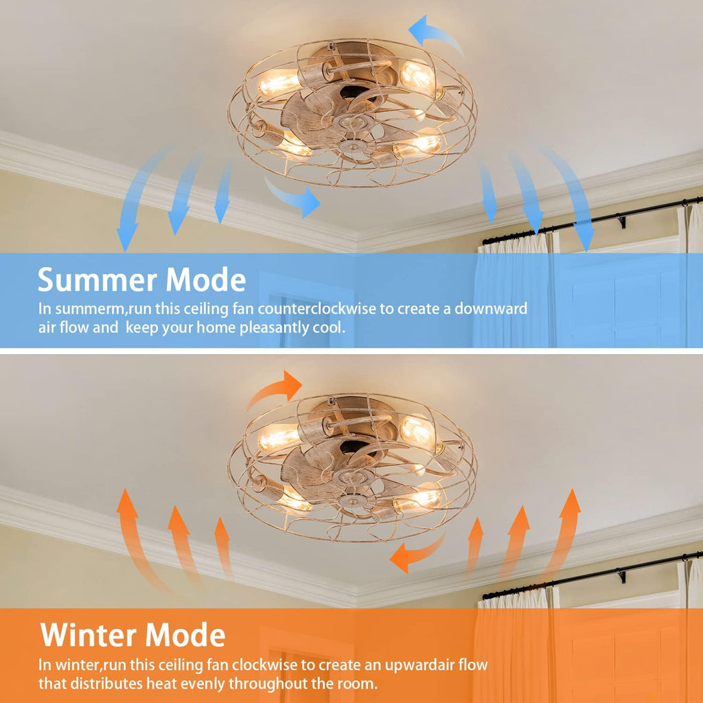 DIDER 21'' Low Profile Caged Ceiling Fan with Lights Remote Control, Include Bulbs, White Bladeless Ceiling Fan Indoor for Kitchen, Bedroom Fan, Small Modern Industrial Ceiling Light Fixture