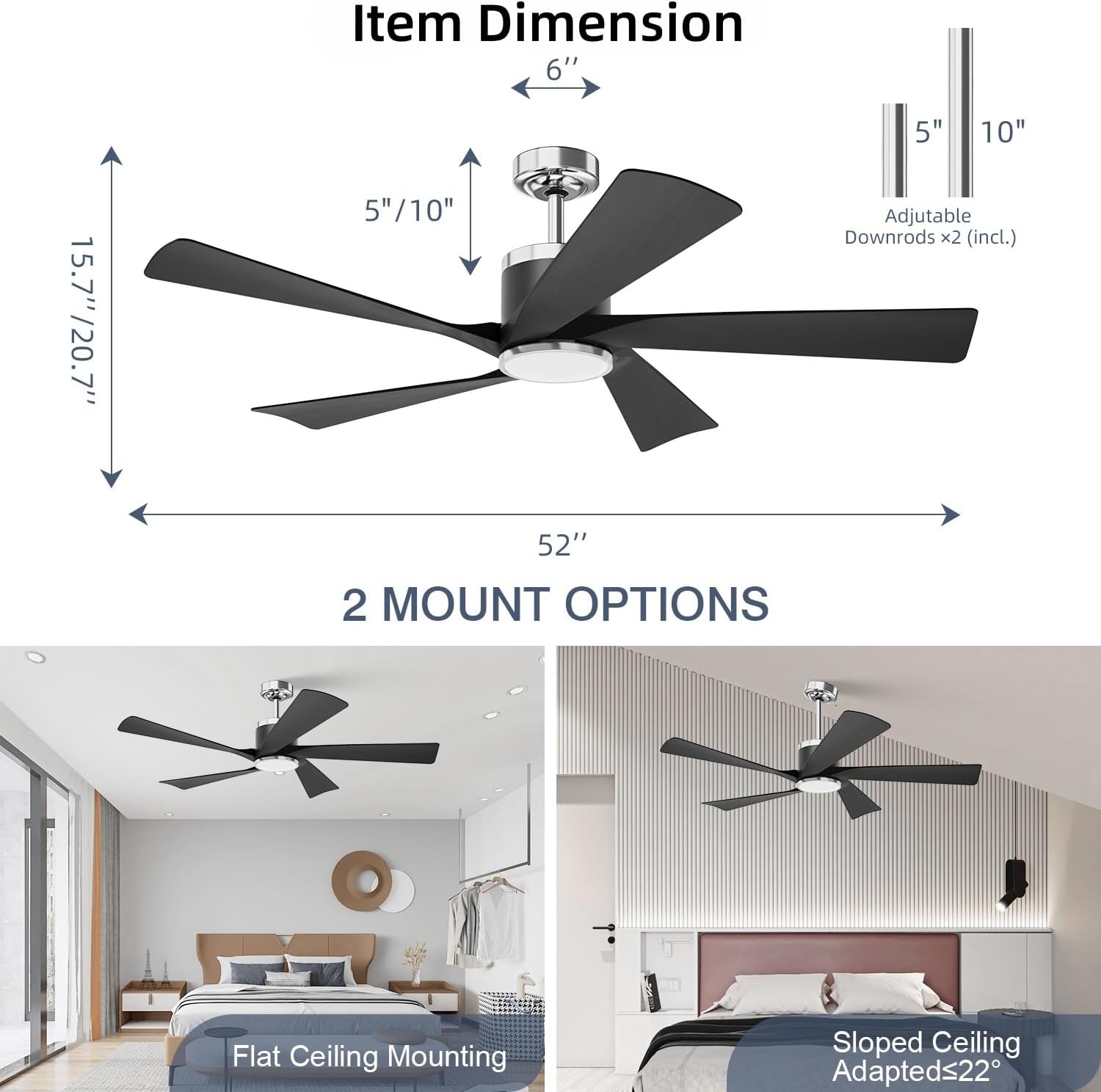TXCSLY 52'' Ceiling Fans with Lights, Modern Ceiling Fan with Remote Control, Indoor Outdoor Ceiling Fan for Living Room,Bedroom 5 Blade 3 Color Tempearture (Black)
