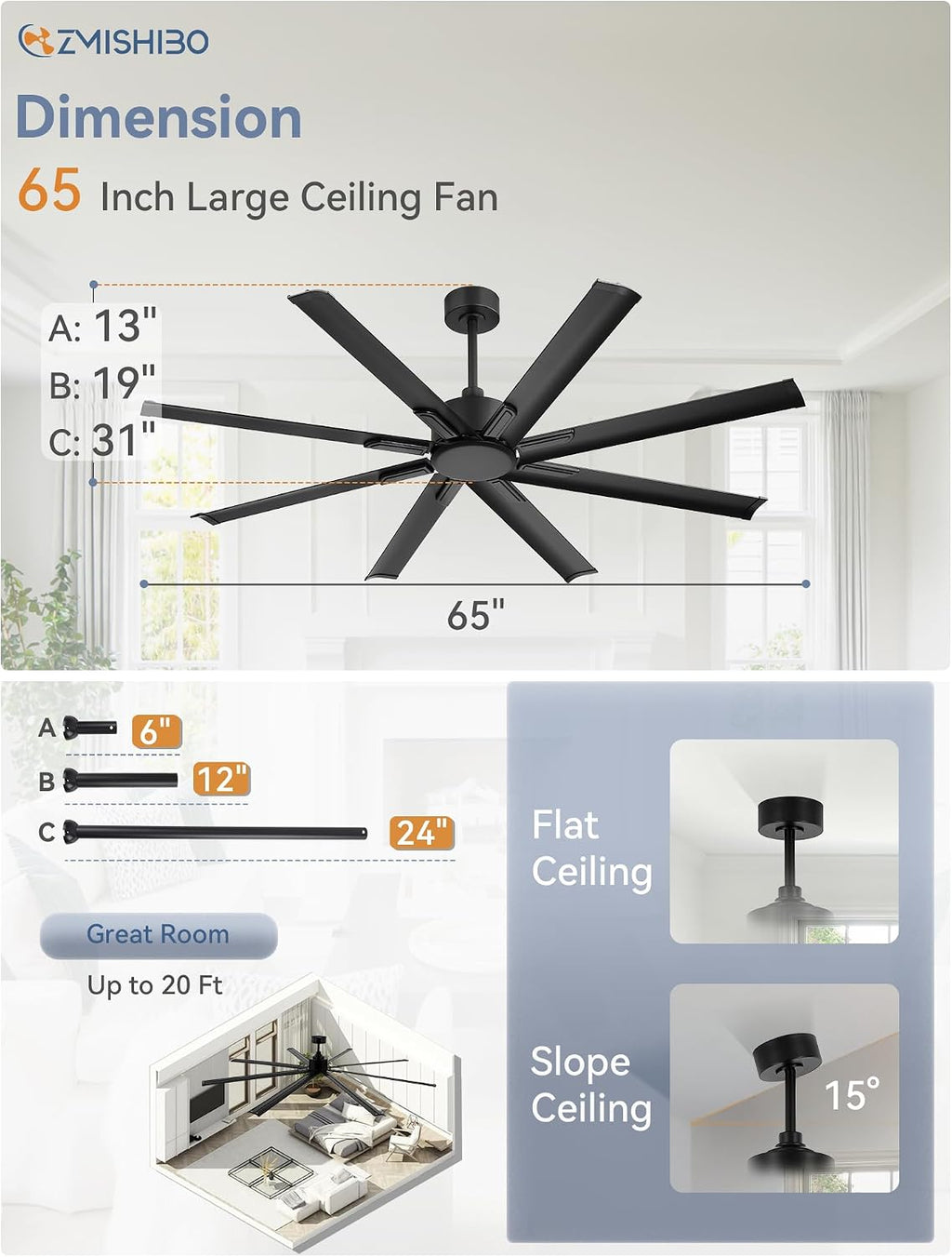 ZMISHIBO 65 Inch Industrial DC Motor Ceiling Fan, Large Ceiling Fan with 8 Aluminum Blades, 3 Downrods, 6-Speed Remote Control, Home or Commercial Ceiling Fans for Porch/Garage/Shop, Black