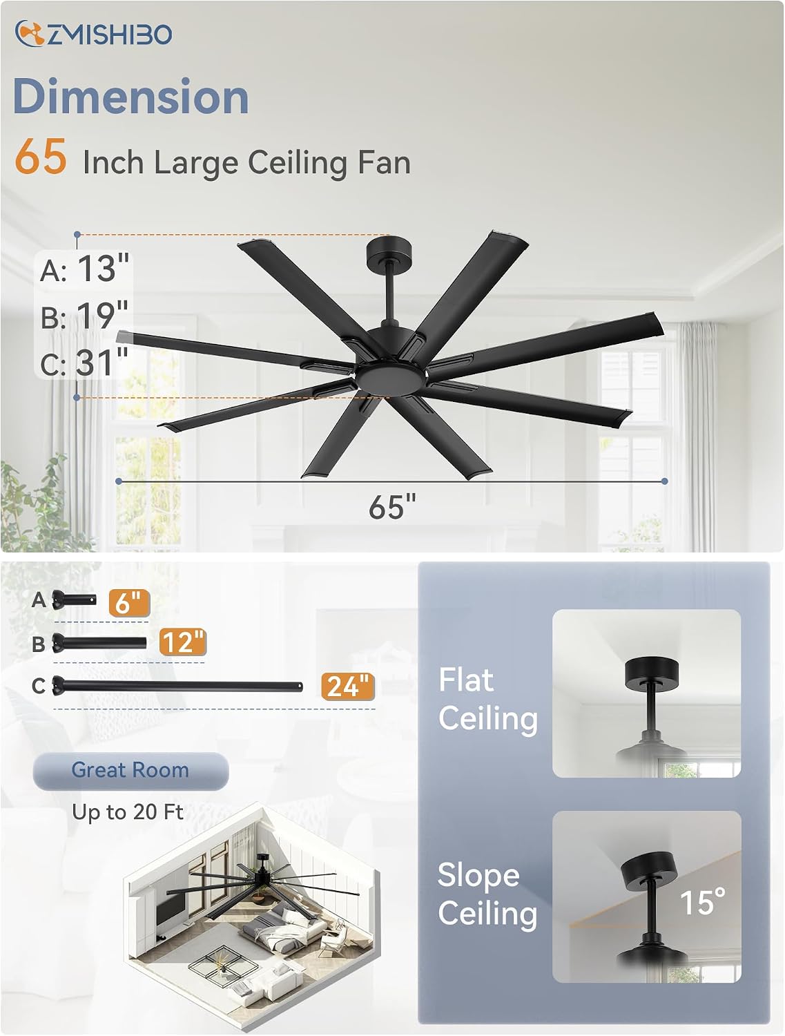 ZMISHIBO 65 Inch Industrial DC Motor Ceiling Fan, Large Ceiling Fan with 8 Aluminum Blades, 3 Downrods, 6-Speed Remote Control, Home or Commercial Ceiling Fans for Porch/Garage/Shop, Black