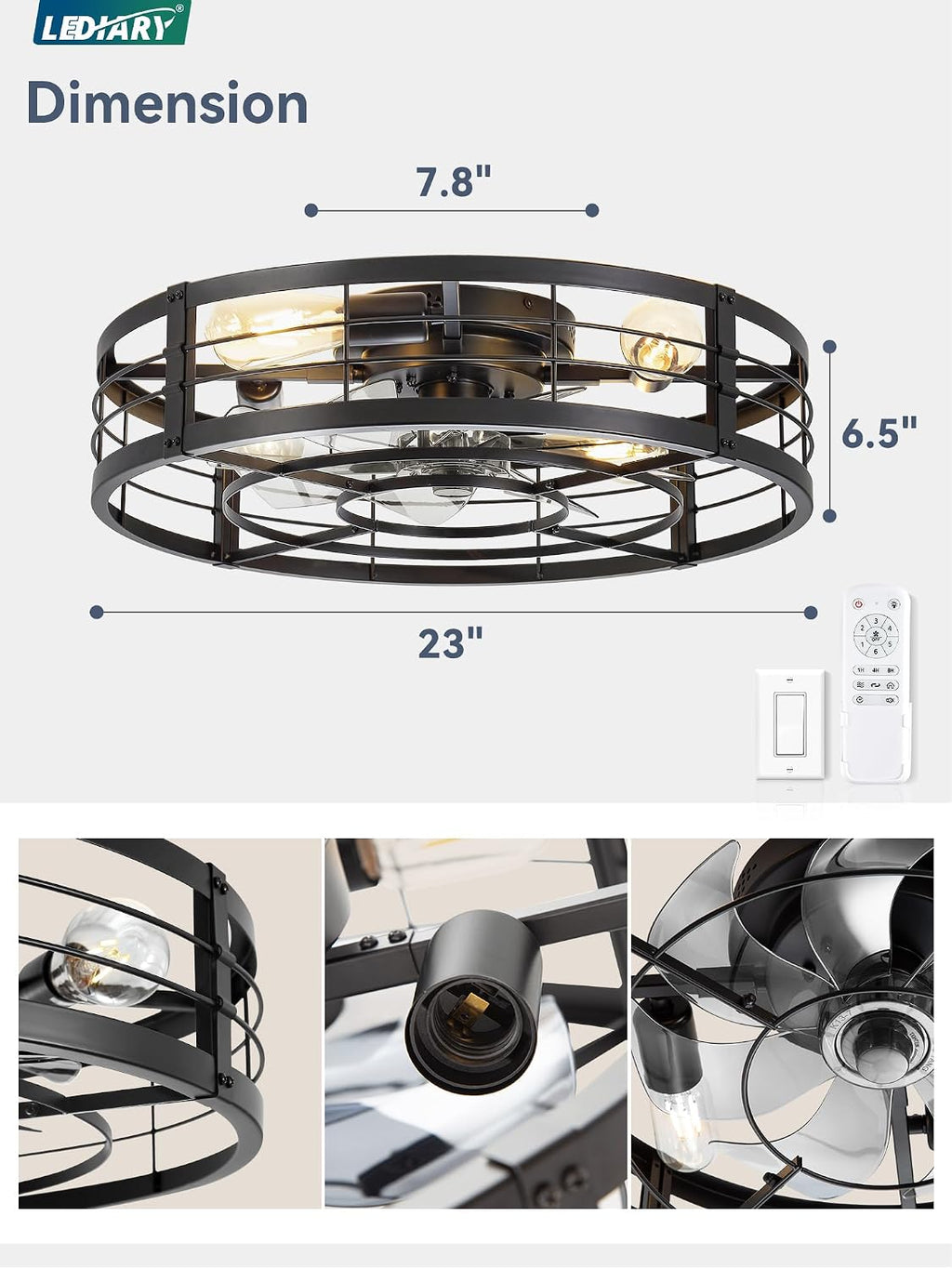 LEDIARY 23' Caged Ceiling Fan with Light and Remote, Low Profile Flush Mount Fandelier, Black Bladeless Enclosed Small Fan Lights Ceiling Fixtures, Rustic Farmhouse Style for Bedroom, Outdoor