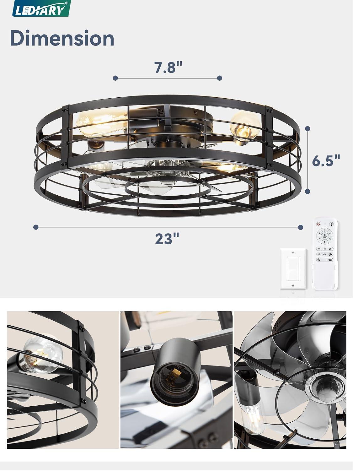 LEDIARY 23' Caged Ceiling Fan with Light and Remote, Low Profile Flush Mount Fandelier, Black Bladeless Enclosed Small Fan Lights Ceiling Fixtures, Rustic Farmhouse Style for Bedroom, Outdoor