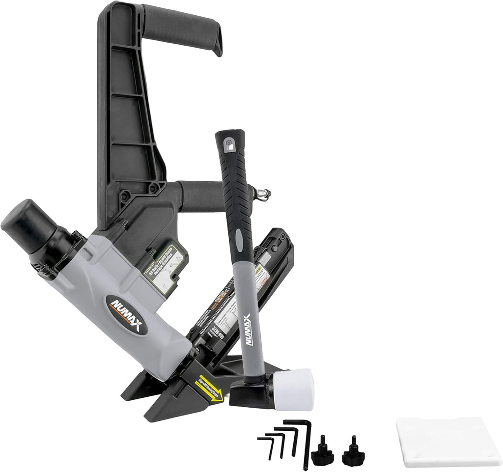 NuMax S50LSDH Pneumatic 2-in-1 15.5-Gauge and 16-Gauge 2' Dual Handle Flooring Nailer / Stapler with Flooring Mallet and Interchangeable Base Plates