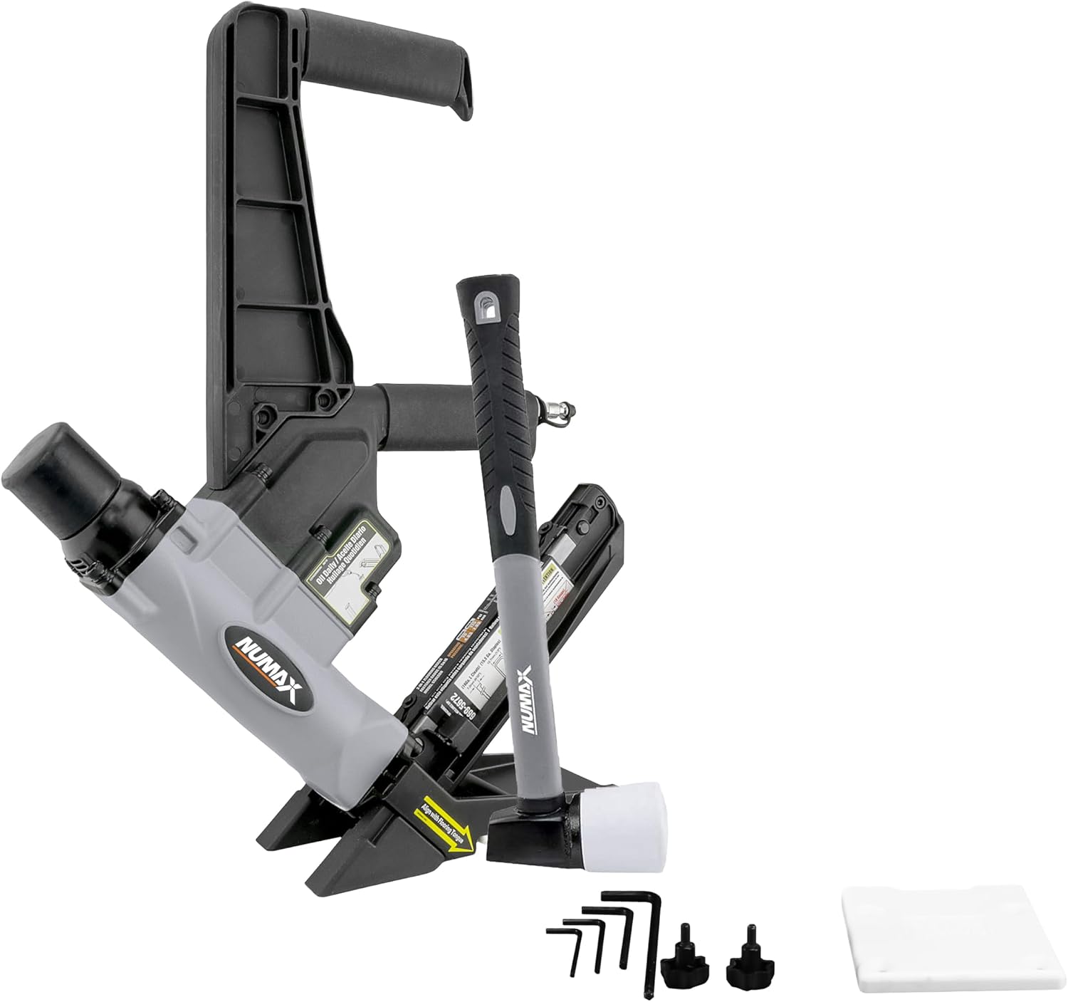 NuMax S50LSDH Pneumatic 2-in-1 15.5-Gauge and 16-Gauge 2' Dual Handle Flooring Nailer / Stapler with Flooring Mallet and Interchangeable Base Plates
