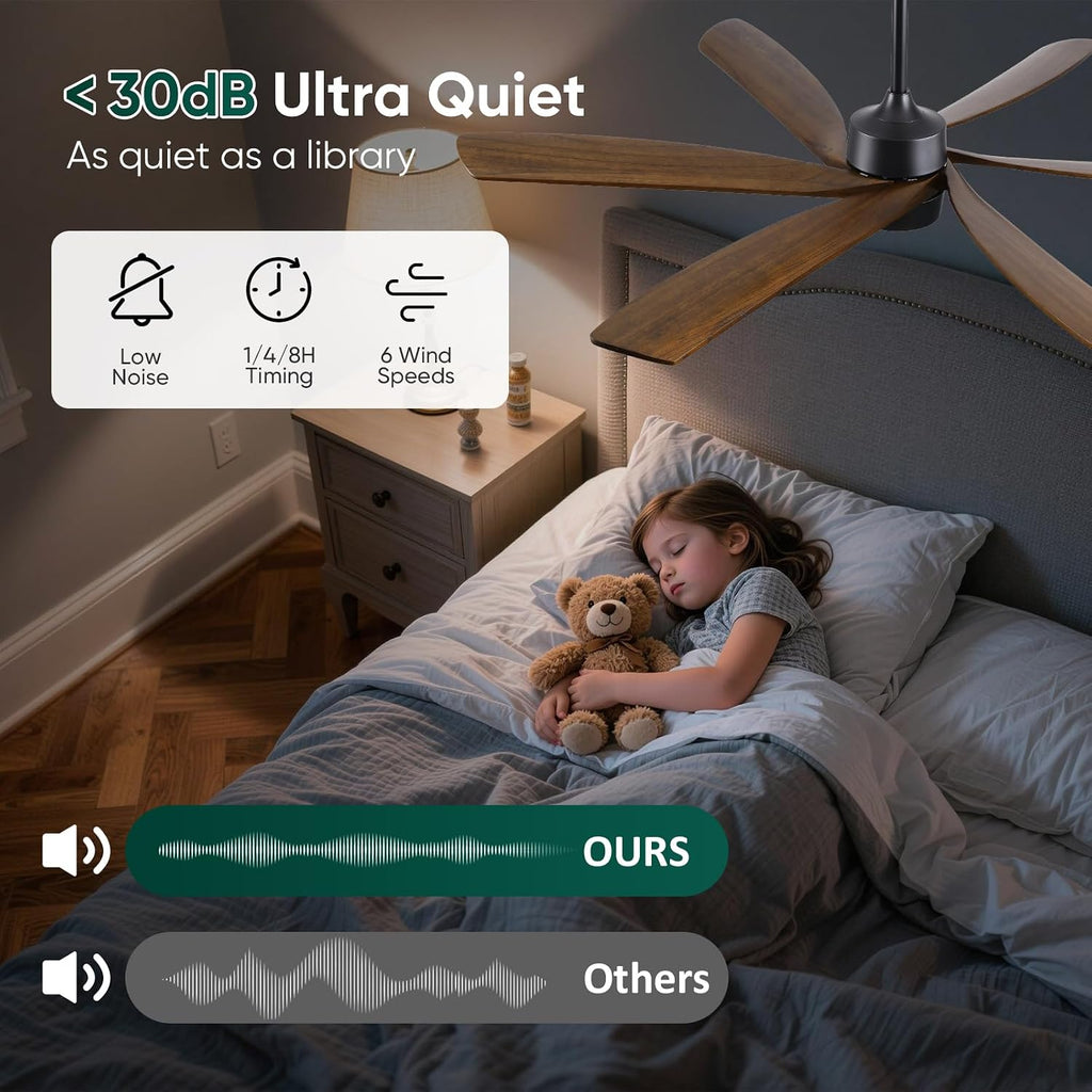 60 Inch Outdoor Ceiling Fan with Light and Remote, Damp Rated for Patio Porch, 6 Brown Solid Wood Blades, High CFM Quiet DC Motor, Modern Farmhouse Style for Indoor Living Room Bedroom Exterior Garage