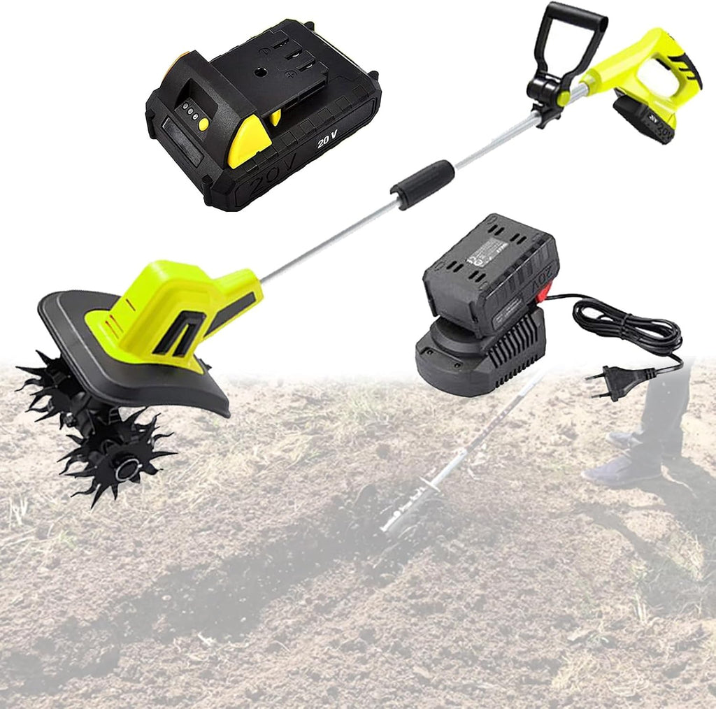 Electric Garden Rotavator - 25cm Working Width, 22cm Working Depth, 2×12 Ah Battery Powered Cordless Tiller Soil Cultivator - Tiller with Switch
