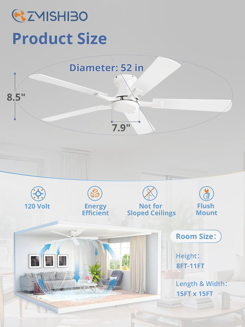 ZMISHIBO 52 Inch Ceiling Fan No Light, Flush Mount Low Profile, Modern White Ceiling Fan Without Light, Remote Control & Quiet DC Motor, for Indoor&Outdoor, Bedroom, Living Room