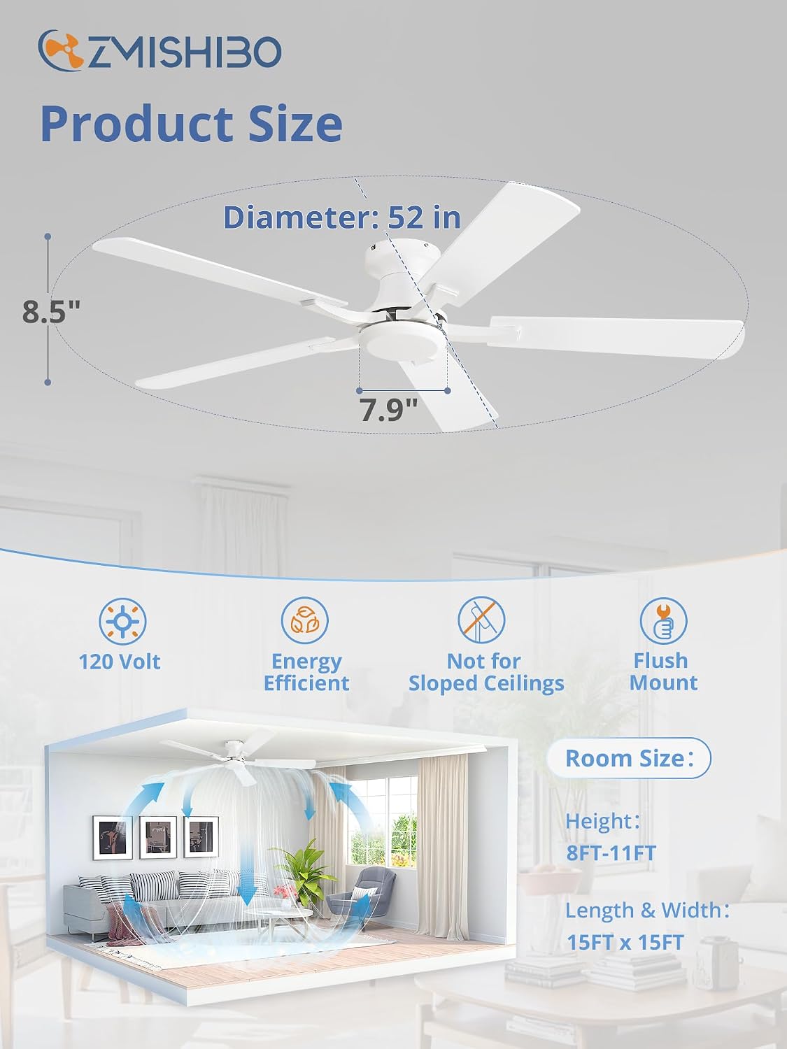 ZMISHIBO 52 Inch Ceiling Fan No Light, Flush Mount Low Profile, Modern White Ceiling Fan Without Light, Remote Control & Quiet DC Motor, for Indoor&Outdoor, Bedroom, Living Room