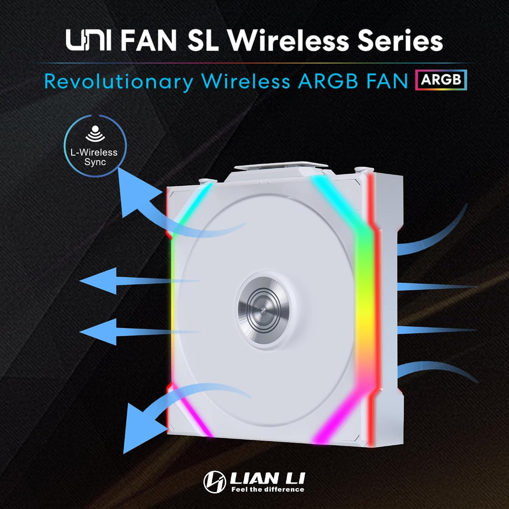 Lian Li UNI Fan SL Wireless (Reverse Blade) 120mm ARGB Fan - Triple Pack - 2.4 GHz Wireless Signal for RGB & Fans Control - Daisy-Chain Design - Controller Included and Required - White (12RSL1W3W)