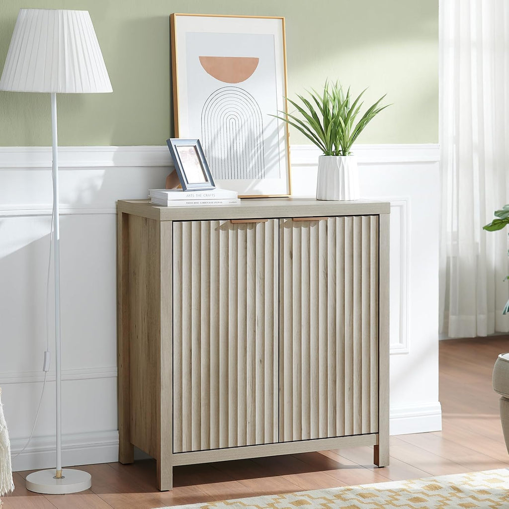 OAKHAM HOME Fluted Cabinet, Modern Sideboard Buffet Cabinet with Storage Credenza with Doors & Shelves Media Console Accent for Entryway Hallway Dining Room Living Room (Grey Oak)