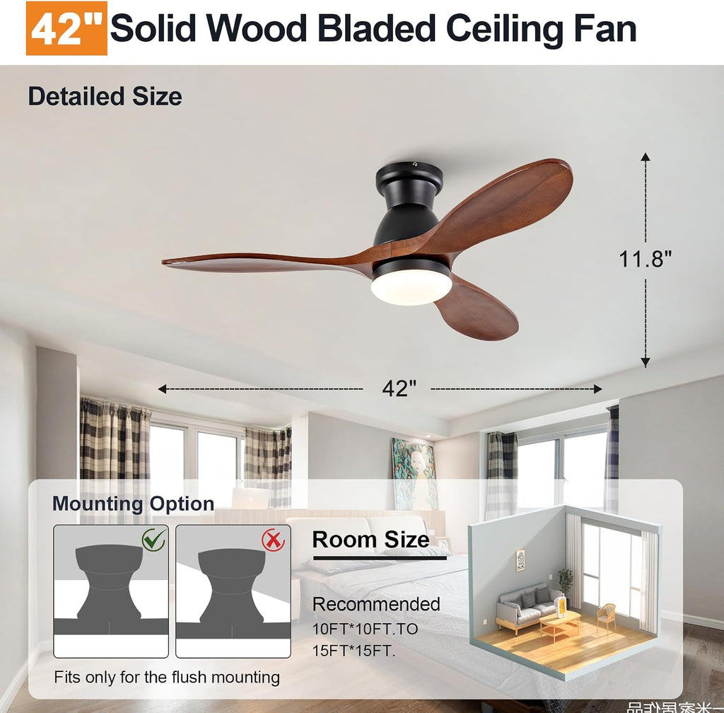 42 Inch Flush Mount Ceiling Fans with Lights and Remote, Dimmable 3 Blades Wood Bedroom Ceiling Fan with Lights Low Profile Ceiling Fan with Light Black Outdoor Ceiling Fans for Patios Living Room