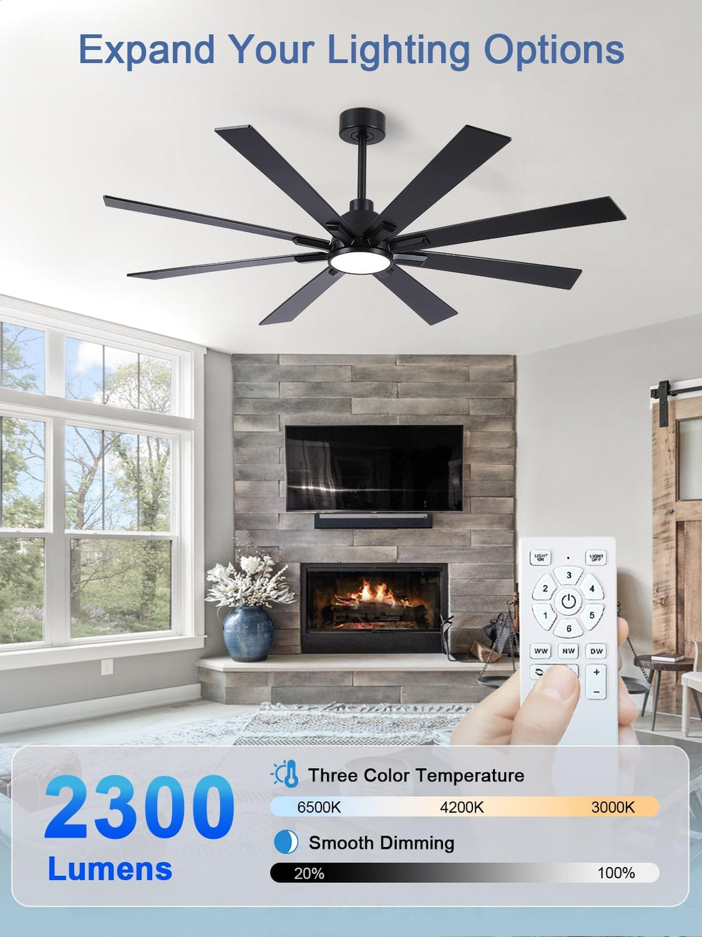 62 Inch Ceiling Fans with Lights and Remote, Pure Copper DC Motor Black Large Indoor/Outdoor Modern Industrial Ceiling Fan, Quiet, 6 Speed, 3CCT, for Patios Living Room Farmhouse Garage