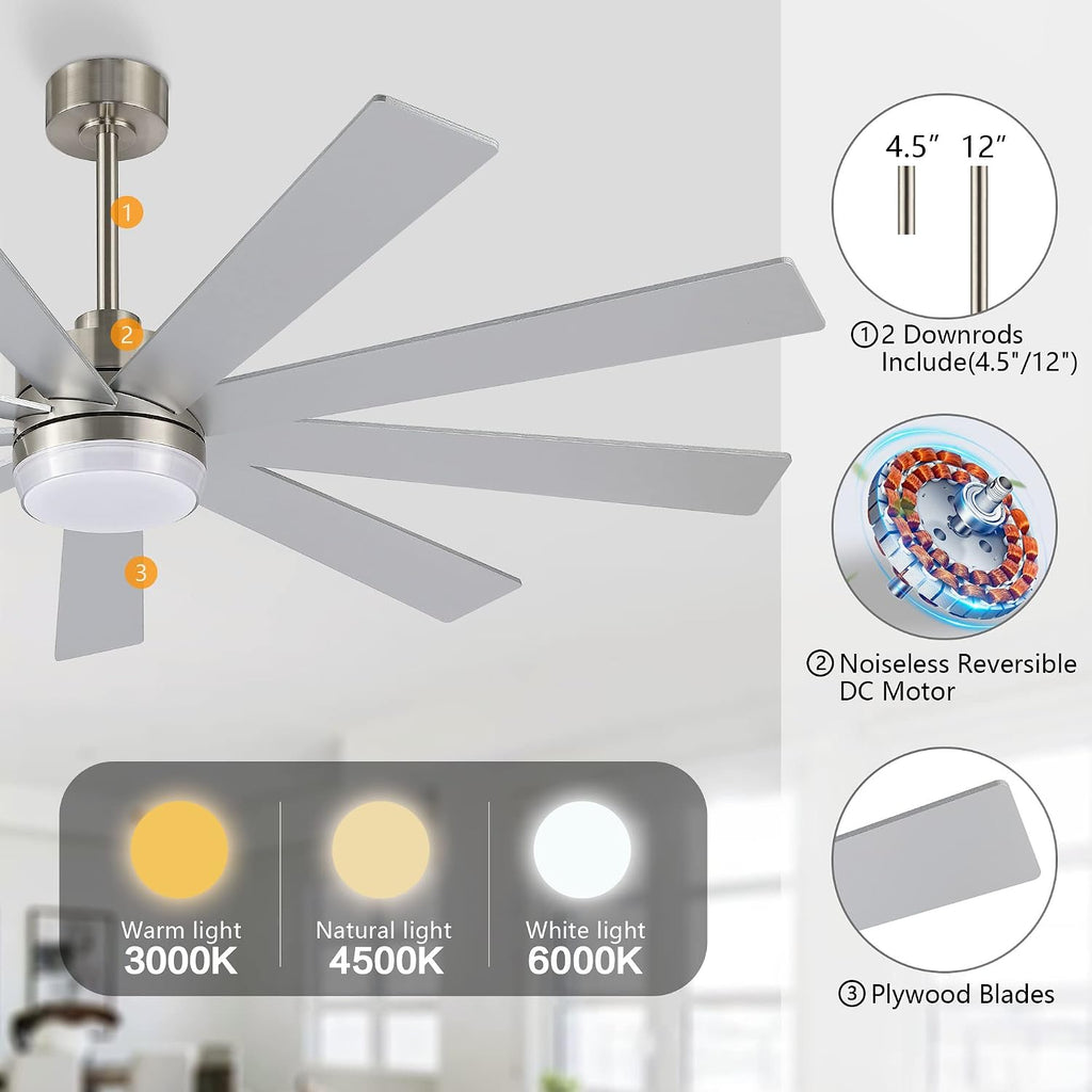 LEDLUX 64' Ceiling Fan with Light Silver, 6-Speed Remote Control, Reversible DC Motor, Modern 9 Blades with 4.5'/12' Downrods for Home or Commercial, Living Room/Restaurant