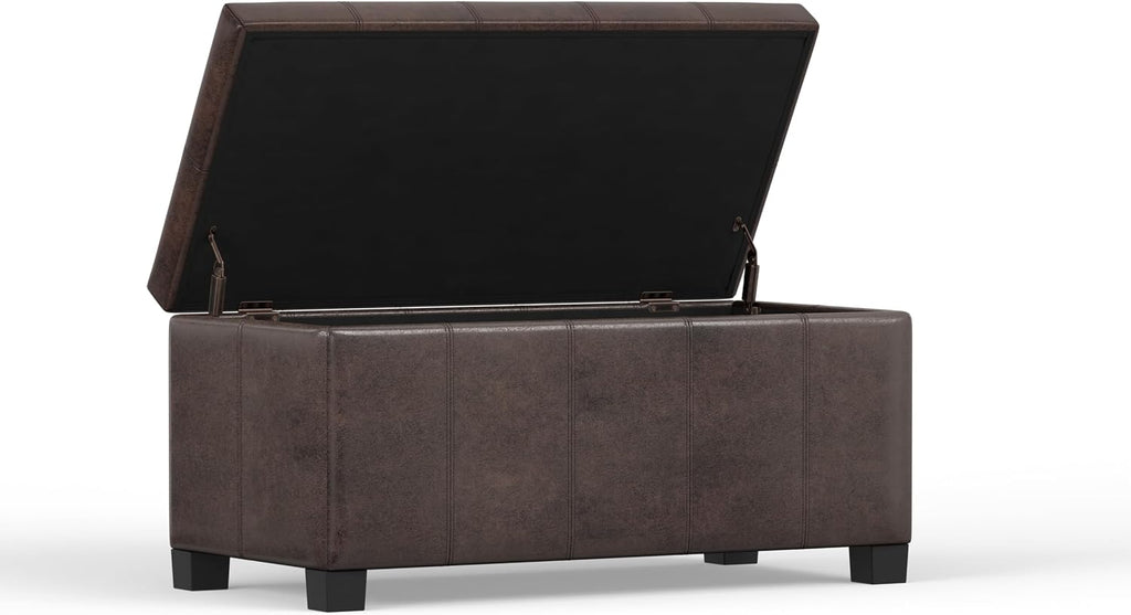 SIMPLIHOME Dover Storage Ottoman Bench - 36 inch Wide Upholstered Vegan Leather Rectangular Lift-Top Ottoman in Distressed Brown, Contemporary Bench for Living Room with Safety Hinges