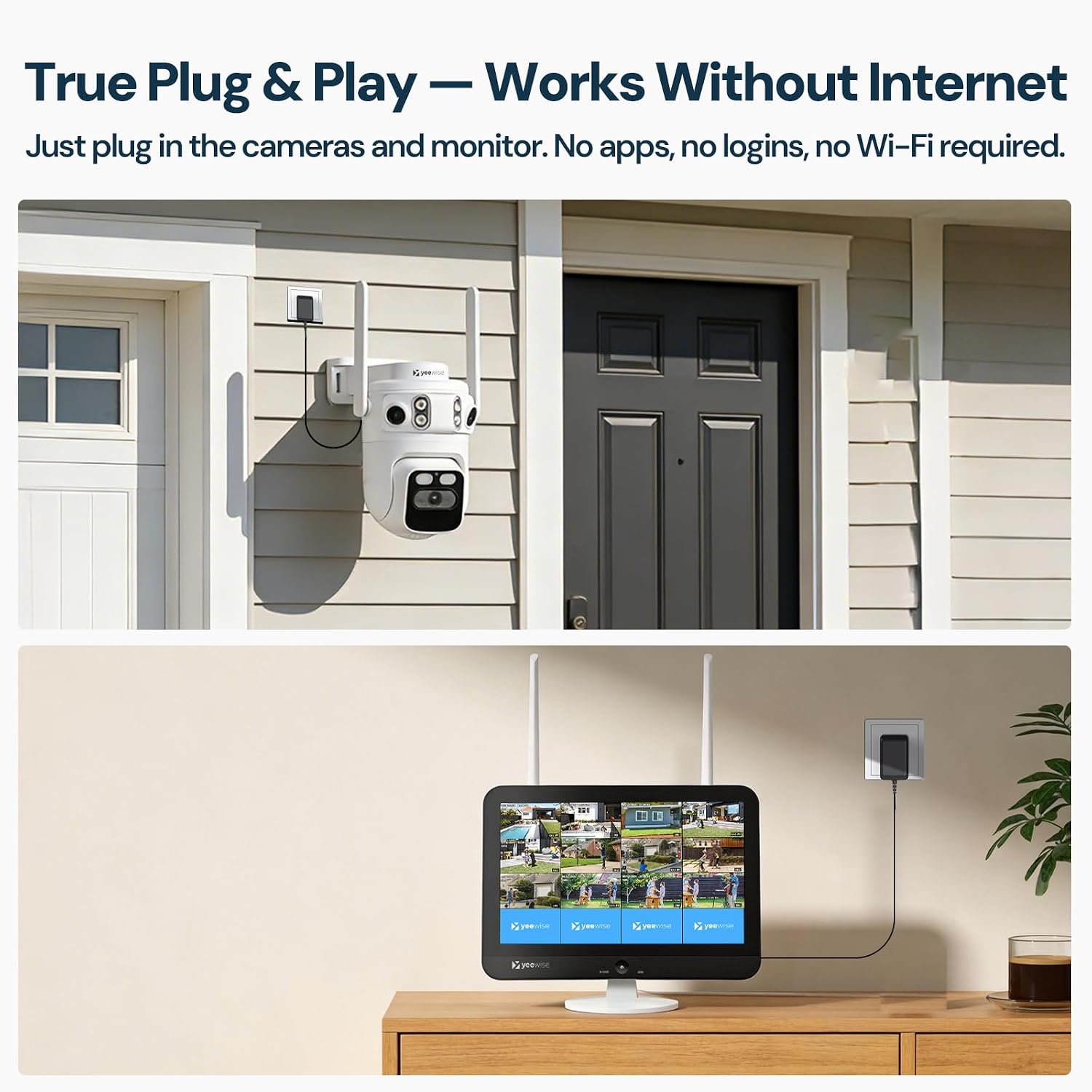 yeewise Triple Lens Wireless Security Camera System with 12' Monitor, 180° Wide View + 360° PTZ AI Tracking, WiFi 6, 16CH NVR, 24/7 Recording, 500GB HDD, No Monthly Fee, Plug-in Power