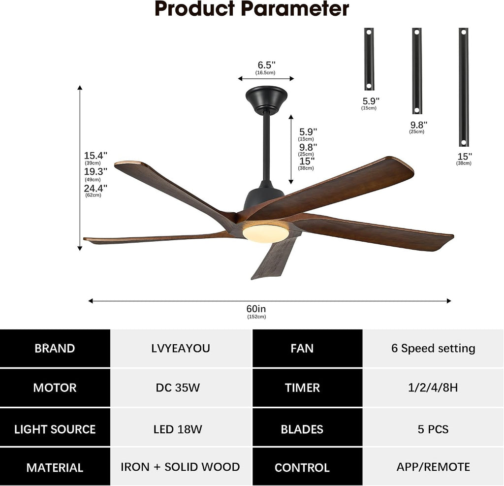 60' DC Ceiling Fan with Light, Solid Wood Ceiling Fan with Remote and APP Control, 3-color Dimmable, 6-speed Reversible Fans for Bedroom, Living Room, Dark Walnut